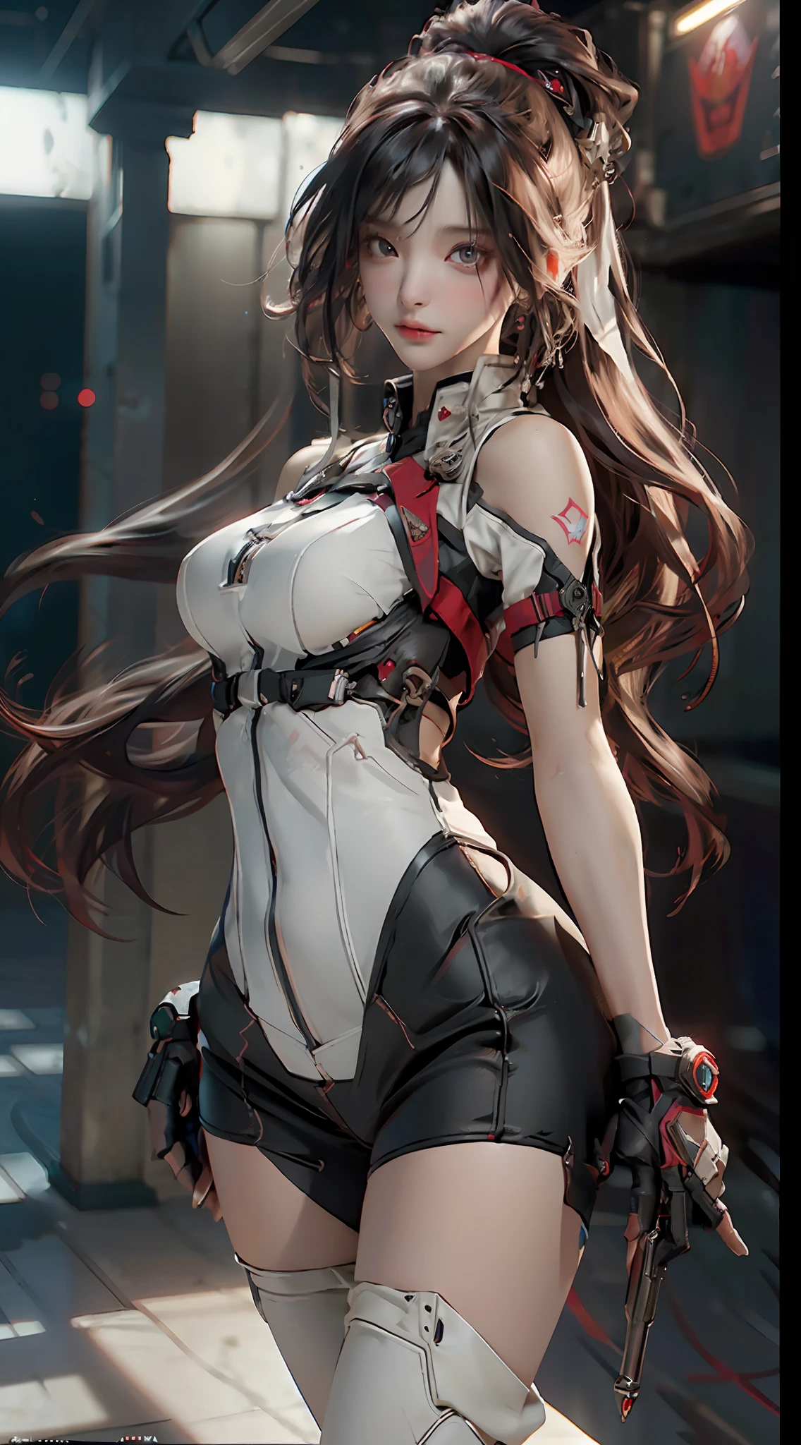 ((Best Quality)), ((Masterpiece)), (Details: 1.4), 3D, A beautiful cyberpunk female image with half decayed body, half decayed face, big breasts, thin waist, plump buttocks, wearing a red special combat suit, showing one thigh and one arm, exposed shoulders, HDR (High Dynamic Range), ray tracing, NVIDIA RTX, Super-Resolution, Unreal 5, Subsurface scattering, PBR textures, Post-processing, anisotropic filtering, depth of field, maximum sharpness and sharpness, multi-layer textures, albedo and highlight mapping, surface shading, accurate simulation of light-material interactions, perfect proportions, Octane Render, two-color light, large aperture, low ISO, white balance, rule of thirds, 8K RAW,