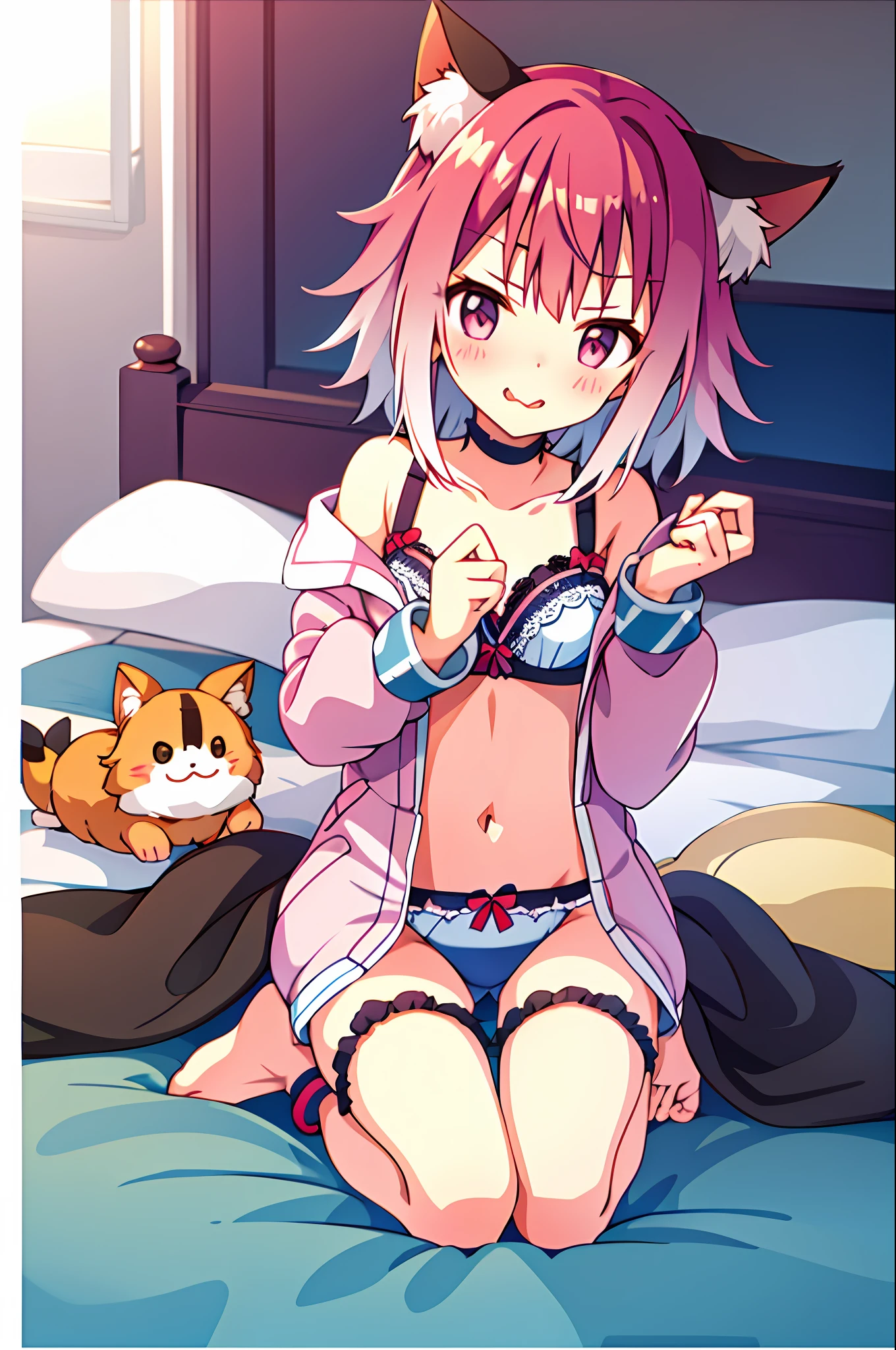 1girl, tamaki,miguzi,animal_ears, anklet, barefoot, laying on bed, blushing, embarrassed, panties, bra, =P