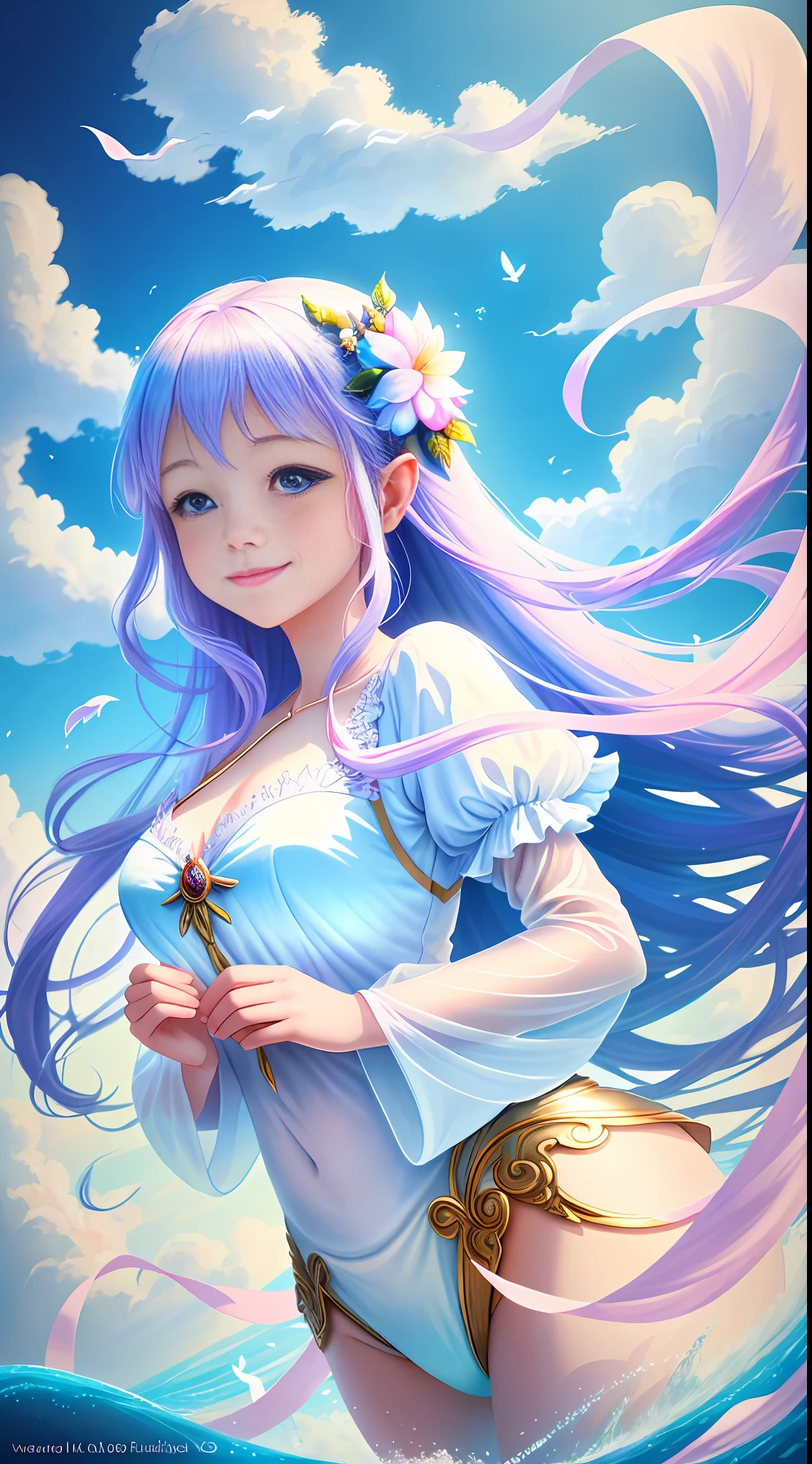A beautiful fairy wearing white silk floats on the colored clouds, smiling, hands folded on her chest, floating on the colored clouds, colorful light, ribbons fluttering, blue sky and blue water, outstanding artistic paintings, high quality, 8k