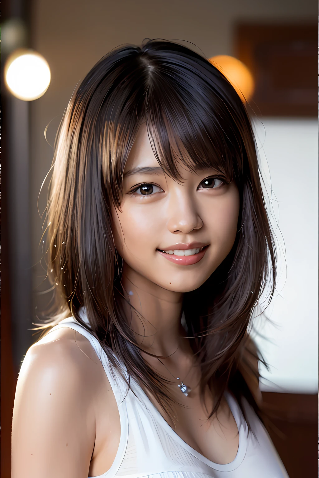 (8k, RAW photos, top quality, masterpiece: 1.2), (realistic, photorealistic: 1.37), ultra detail, ultra high resolution, one girl, beholder, beautiful detailed face, smile, constriction, (slim waist): 1.3), tank top, beautiful detailed skin, skin texture, floating hair, professional lighting,