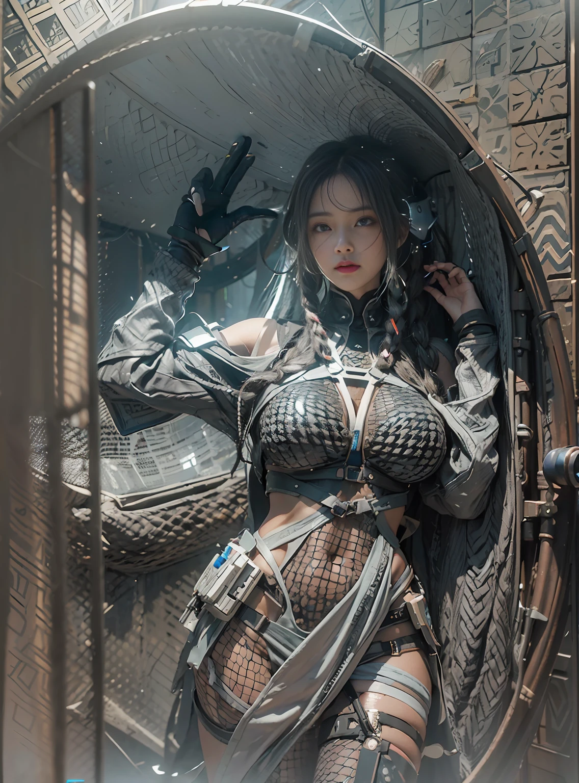 ((Best quality)), ((masterpiece)), (detailed:1.4), 3D, an image of a beautiful cyberpunk black female with braids on head,HDR (High Dynamic Range),Ray Tracing,NVIDIA RTX,Super-Resolution,Unreal 5,Subsurface tering,PBR Texturing,Post-processing,Anisotropic Filtering,Depth-of-field,Maximum clarity and sharpness,Multi-layered textures,Albedo and Specular maps,Surface shading,Accurate simulation of light-material intefect proportions,Octane Render,Two-tone lighting,Wide aperture,Low ISO,White balance,Rule of thirds,8K RAW, anime - style woman in a white and black outfit with a gun, by Yang J, chengwei pan on artstation, guweiz on artstation pixiv, by Zeng Jing, cyborg merchant girl, [ trending on cgsociety ]!!, fanart best artstation, cute cyborg girl, stunning cgsociety, by Yang Jin, trending on cgstation