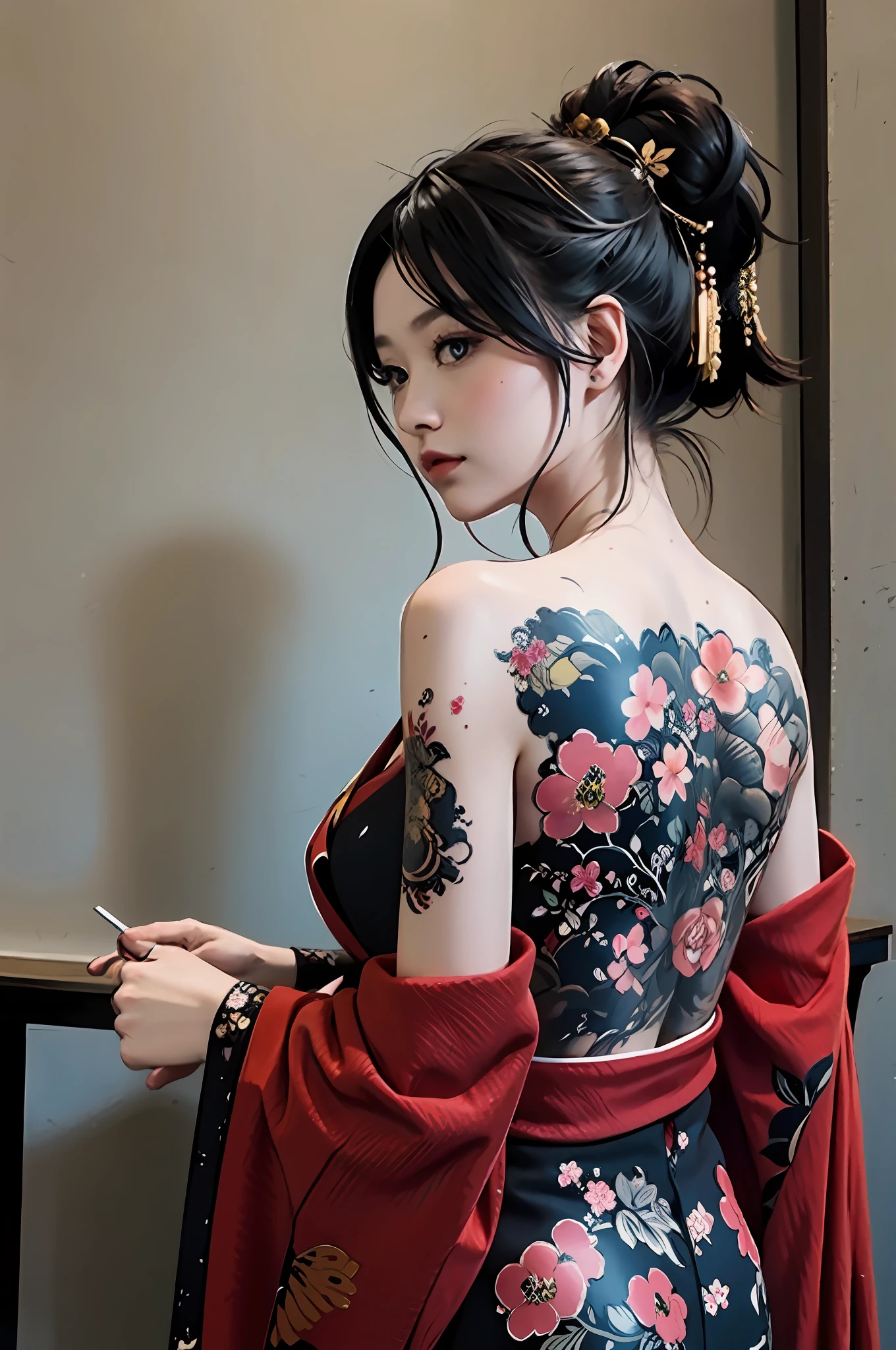 masterpiece, top quality, best quality, official art, beautiful and aesthetic:1.2),1girl, tattoo, solo, japanese clothes, red and black kimono, hair ornament, unsheathing, black hair, sheath, back tattoo, dragon tattoo, blue eyes, off shoulder, bare shoulders, looking back, from behind, flower, looking at viewer, holding, makeup, outdoor,