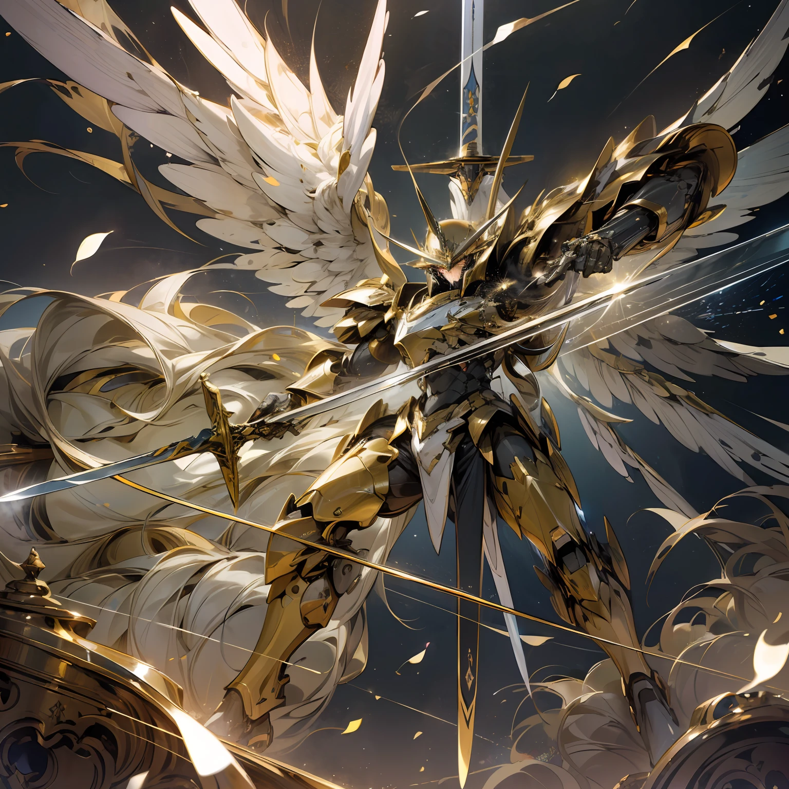 (Masterpiece, best quality: 1.3), extremely high detail, complex, 8k, HDR, wallpaper, cinematic lighting, (cosmos), (sword hold: 1.3), glowing with golden armor, spear in hand, glowing eyes, mecha, mecha large wings, --auto --s2
