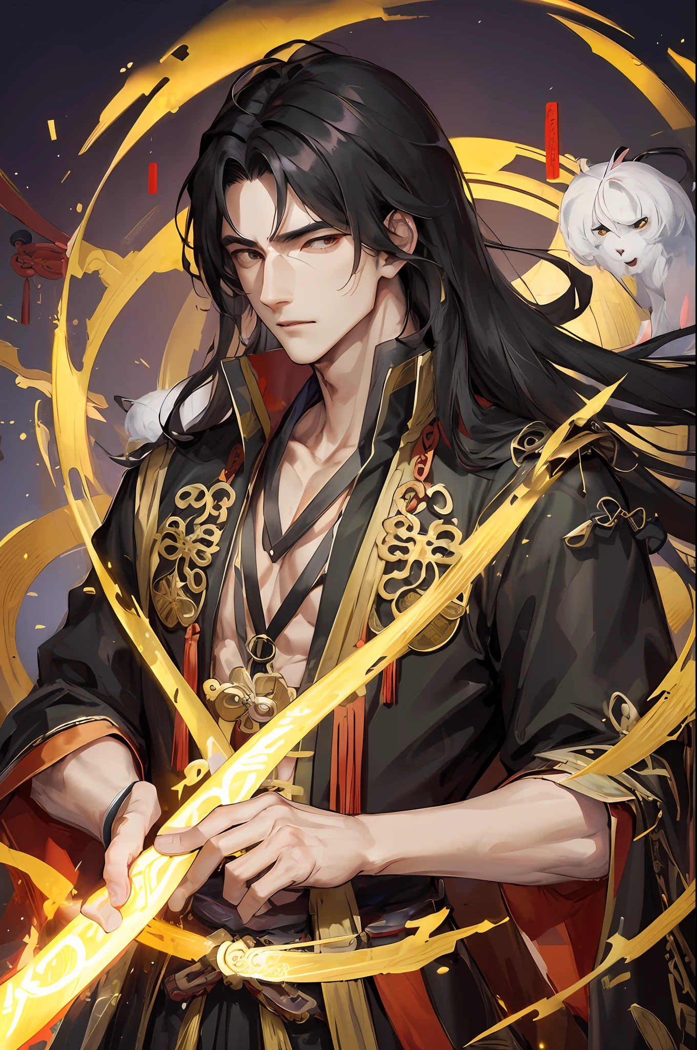 Masterpiece, Zhongli, Morax, Best Quality, Night, Full Moon, 1 Man, Mature Man, Chinese Style, Ancient China, Black Hair, Black Eyes, Split Hair, Long Hair, Long Bangs, Handsome, Handsome, Masculine, Serious, Gentle, Tall, Calm, Black and Gold Blended Clothing, Golden Pattern, Dragon Pattern, Prince, With Sword