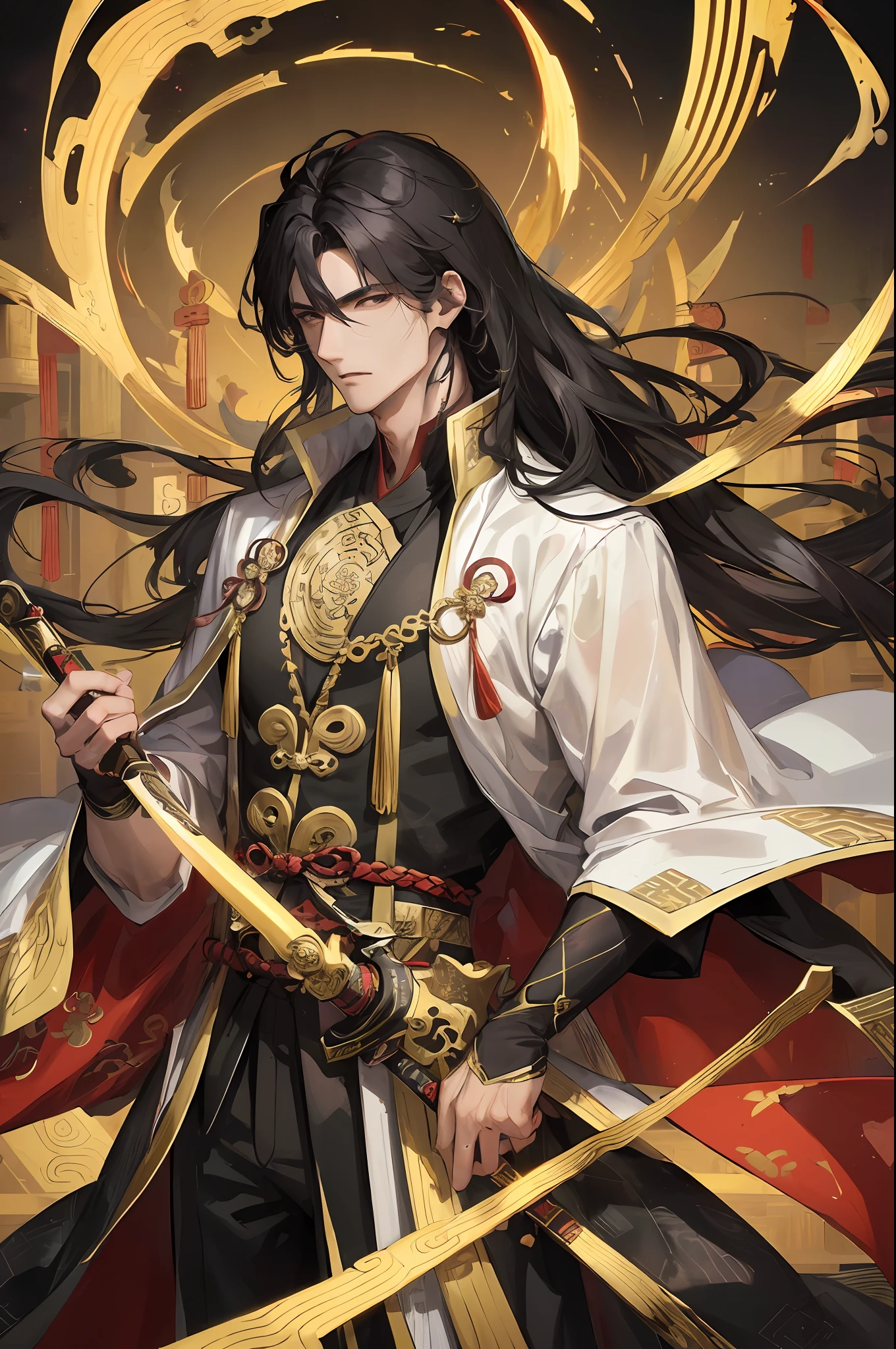 Masterpiece, Zhongli, Morax, Best Quality, Night, Full Moon, 1 Man, Mature Man, Chinese Style, Ancient China, Black Hair, Black Eyes, Split Hair, Long Hair, Long Bangs, Handsome, Handsome, Masculine, Serious, Gentle, Tall, Calm, Black and Gold Blended Clothing, Golden Pattern, Dragon Pattern, Prince, With Sword