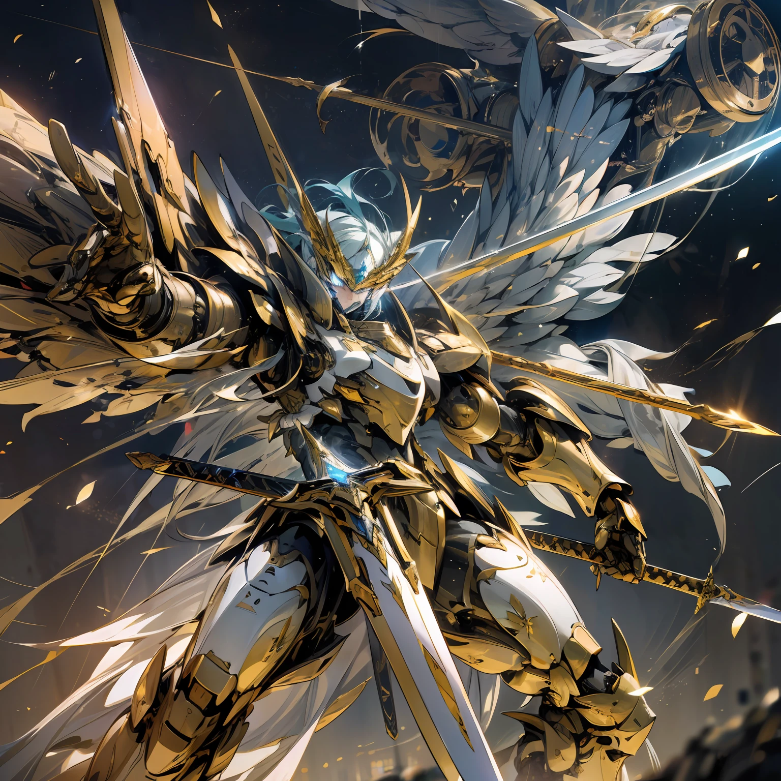 (Masterpiece, best quality: 1.3), extremely high detail, complex, 8k, HDR, wallpaper, cinematic lighting, (cosmos), (sword hold: 1.3), glowing with golden armor, spear in hand, glowing eyes, mecha, mecha large wings, --auto --s2