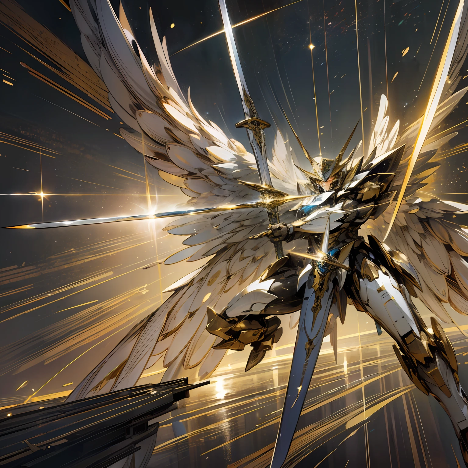 (Masterpiece, best quality: 1.3), extremely high detail, complex, 8k, HDR, wallpaper, cinematic lighting, (cosmos), (sword hold: 1.3), glowing with golden armor, spear in hand, glowing eyes, mecha, mecha large wings, --auto --s2