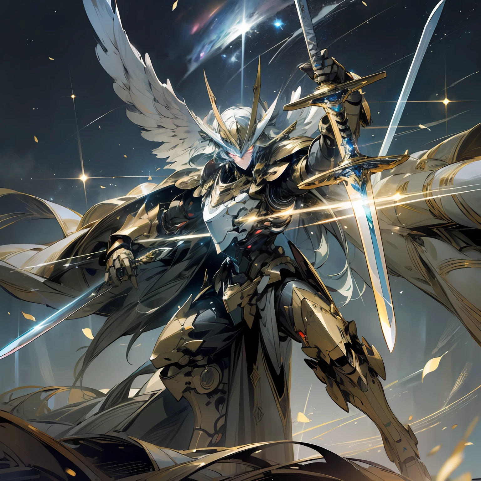 (Masterpiece, best quality: 1.3), extremely high detail, complex, 8k, HDR, wallpaper, cinematic lighting, (cosmos), (sword hold: 1.3), glowing with golden armor, spear in hand, glowing eyes, mecha, mecha large wings, --auto --s2