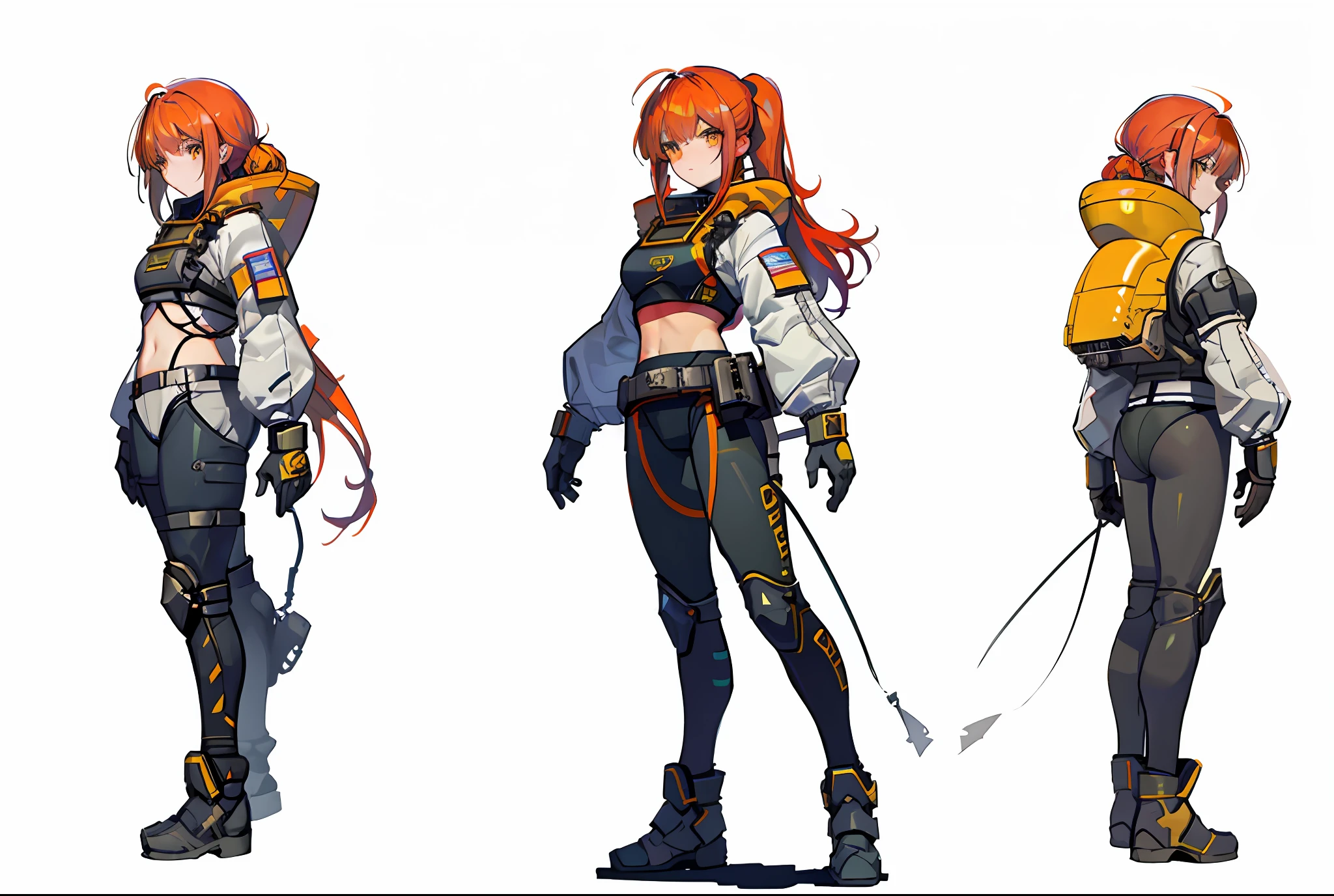 Slavic Girl. military spacesuit, hazmat suit, cosmonaut, skin-suit, baggy sleeves, (red hair), (yellow eyes), (pony tail), (long bangs), (vibrant eyes), (golden hair), (delicate features), (small breasts), (endowed chest), (large hips), (thick thighs). Matching Character Design, Matching Outfit, Reference sheet, Front Angle, Side Angle, Rear Angle, White Background, Pixiv, Artstation.