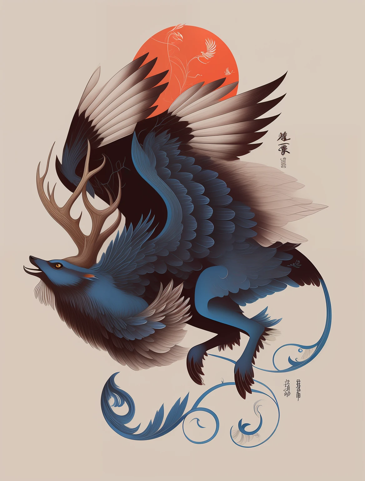 there is a blue deer with wings flying in the air, mythical creature, Ivan Belikov style, highly detailed vector art, a mythical creature, Ivan Belikov, flying mythical beasts, a beautiful art illustration, mythical creatures, intricate detailed illustration, fantasy creature, detailed intricate illustration, great digital art with details, fenrir, inspired by Summary of Japanese Painting History | Dictionary of Japanese Painters & Calligraphers-SHOGA, highly detailed illustration
