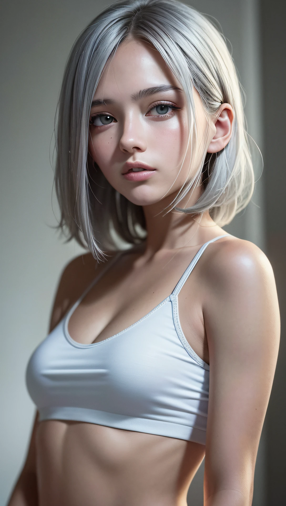 (masterpiece, best quality, 8k, raw photo, absurdres, silver hair:1.2), no makeup, small face, facelight, tanktop, upper body, breasts focus, smaller waist, pretty girl, teen, looking at viewer, medium breasts, photorealistic, film grain, chromatic aberration, highres, ultra detailed, finely detail, detailed eyes and face and skin, beautiful skin, dynamic lighting, dramatic lighting, sharp pupils, realistic pupils, (simple background, humid:1.3)