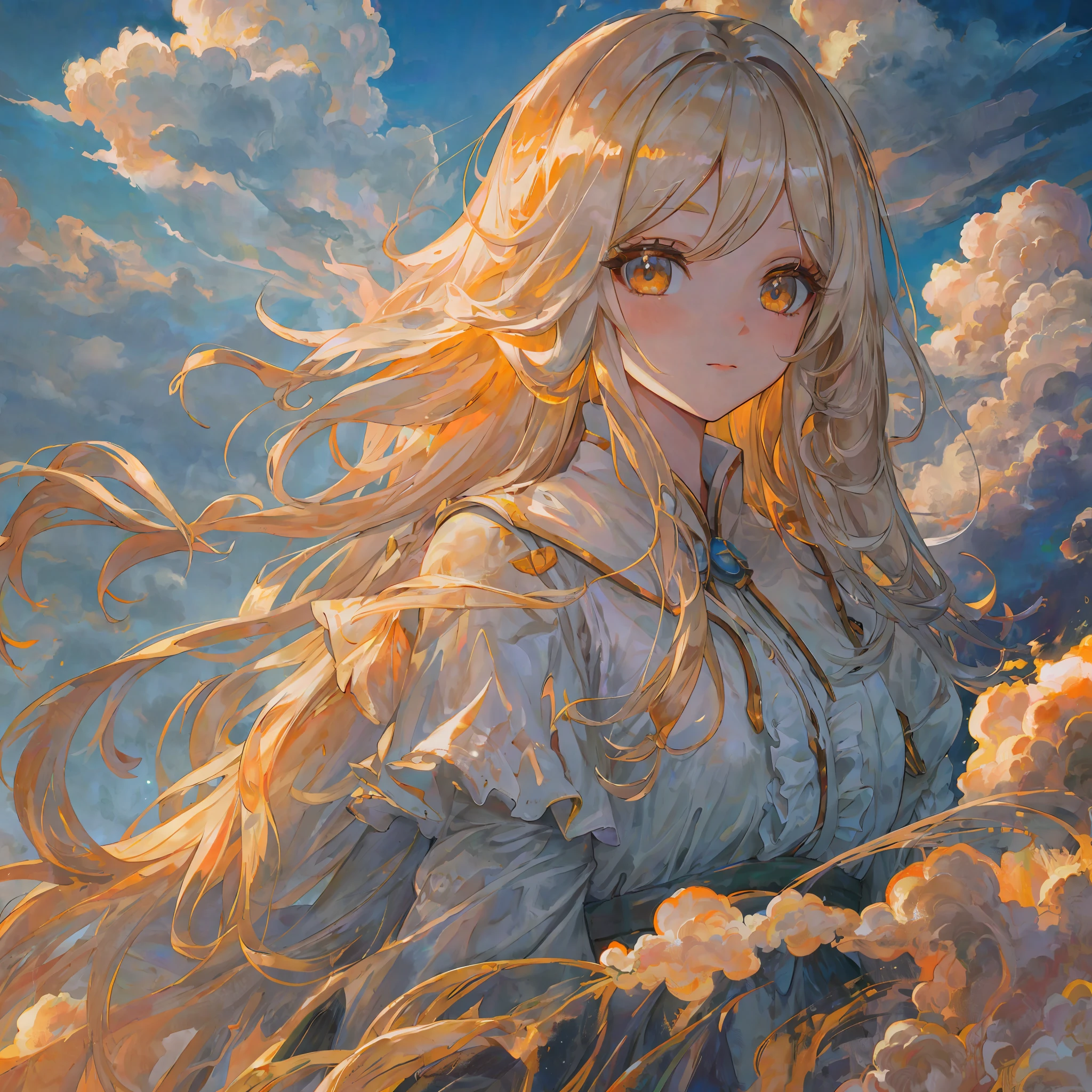 1girl, white long hair, Ultrarealistic hair, golden eyes, beautiful eyes, Ultrarealistic face, long eyelashes, kawaii face, cute, correct anatomy, ((cumulonimbus clouds)), lighting, detailed sky, angelical, Delightful, Revelations, pastel mix, orange model mix, stable diffusion, pastel mix, lora, add face details, eyelashes, oil painting, masterpiece, Dynamic range photo, UHD quality, true color, vivid display, Real Clothes, maiden clothes, Renaissance art, oil paint, HDR, 64K pixels, Super Amoled display, High Contrast
Negative prompt