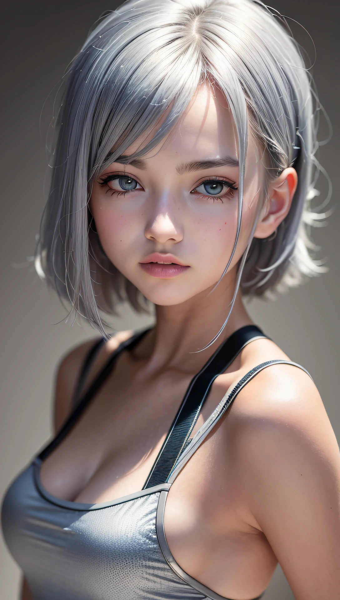 (masterpiece, best quality, 8k, raw photo, absurdres, silver hair:1.2), no makeup, small face, facelight, tanktop, upper body, breasts focus, smaller waist, pretty girl, teen, looking at viewer, medium breasts, photorealistic, film grain, chromatic aberration, highres, ultra detailed, finely detail, detailed eyes and face and skin, beautiful skin, dynamic lighting, dramatic lighting, sharp pupils, realistic pupils, (simple background, humid:1.3)