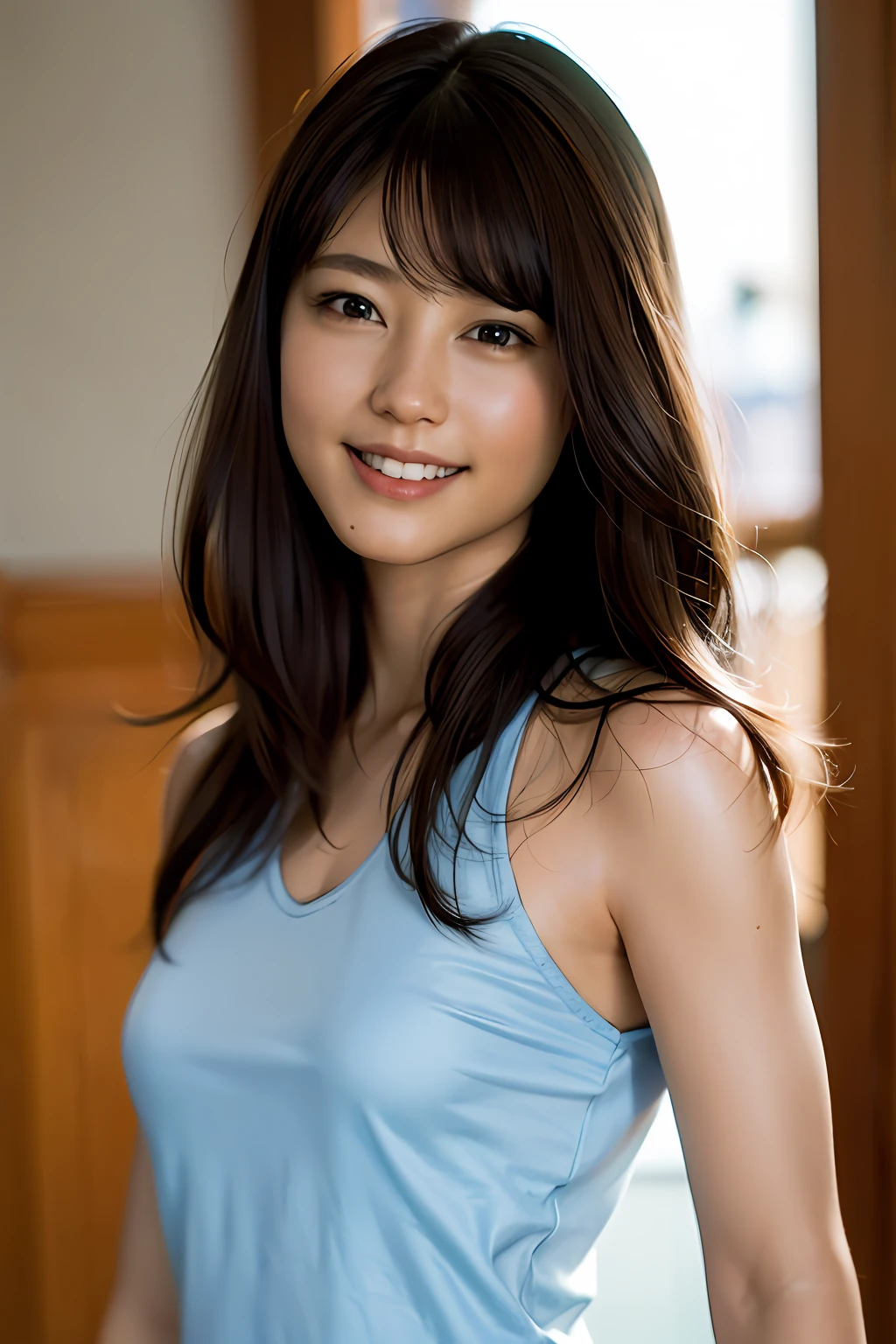 (8k, RAW photos, top quality, masterpiece: 1.2), (realistic, photorealistic: 1.37), ultra detail, ultra high resolution, one girl, beholder, beautiful detailed face, smile, constriction, (slim waist): 1.3), tank top, beautiful detailed skin, skin texture, floating hair, professional lighting,