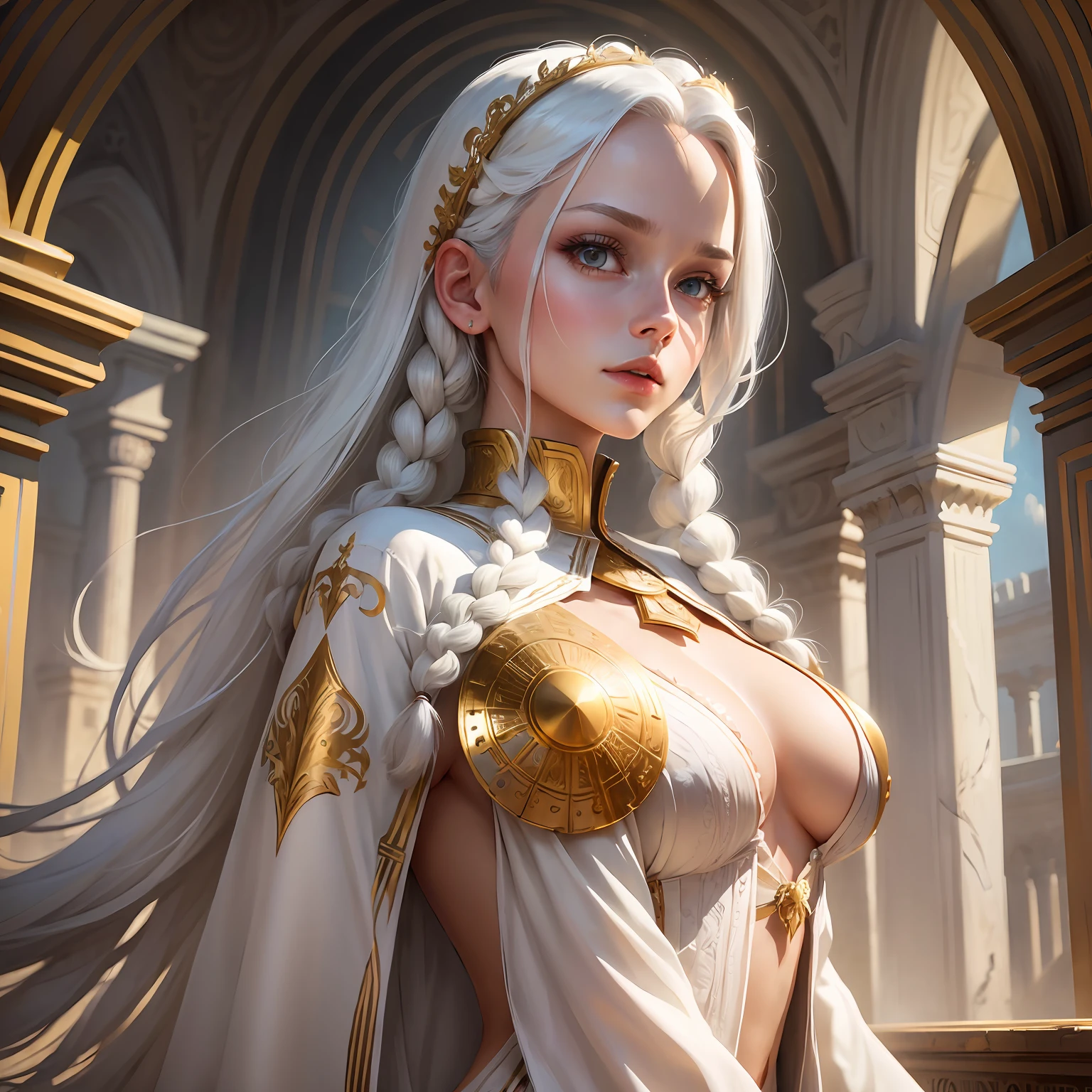 Excellent, masterpiece, white hair, golden eyes, white clothes, looking up, upper body, hair, fair skin, side braids, female --auto --s2