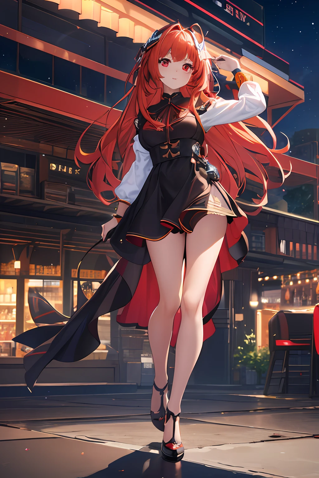 ((Masterpiece)), (Best Quality),
Official art, extremely detailed CG Unity 8k wallpaper, highly detailed, shiny skin, depth of field, bright colors,
1 long-haired girl, (curve: 0.4), (full body: 0.6),
 bangs, red eyes, black dress, looking at the audience, night, bar, neon, looking back, crowd, leg up,