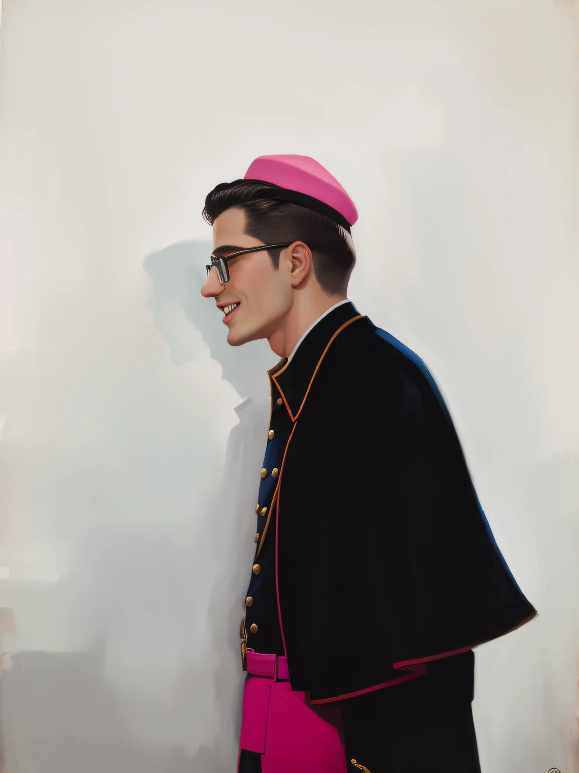 Young 20-year old bishop standing in front of a white wall, wearing glasses, ((laughing)), clean shaven, looking to the side off camera, side portrait imagery, head turned to the side, posed in profile, side profile portrait, wearing bishop cap, bishop clothes, profile pose, profile view, looking from side, side profile centered portrait, propaganda art, ww 2 allied propaganda poster, hearts of iron portrait, wwii propaganda poster, profile pose, side profile artwork, promotional art, man, serious expression, looking up, pictured from the shoulders up, oil painting, money artwork, postmark, print