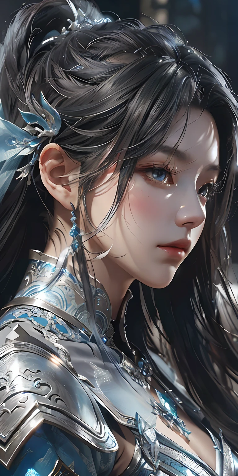 a close up of a woman in a silver and blue dress, chengwei pan on artstation, by Yang J, detailed fantasy art, stunning character art, fanart best artstation, epic exquisite character art, beautiful armor, extremely detailed artgerm, detailed digital anime art, artgerm on artstation pixiv, armor girl