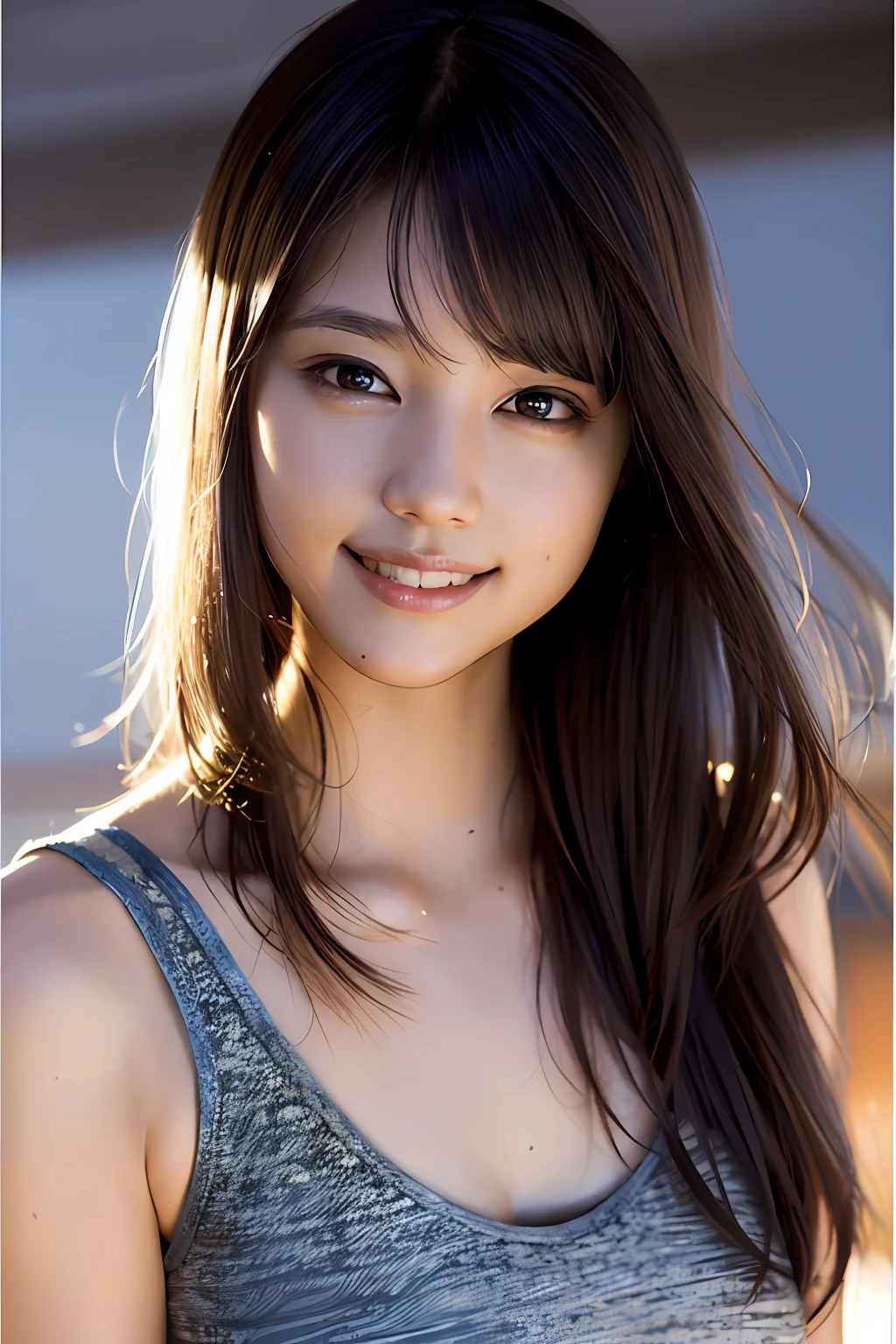 (8k, RAW photos, top quality, masterpiece: 1.2), (realistic, photorealistic: 1.37), ultra detail, ultra high resolution, one girl, beholder, beautiful detailed face, smile, constriction, (slim waist): 1.3), tank top, beautiful detailed skin, skin texture, floating hair, professional lighting,