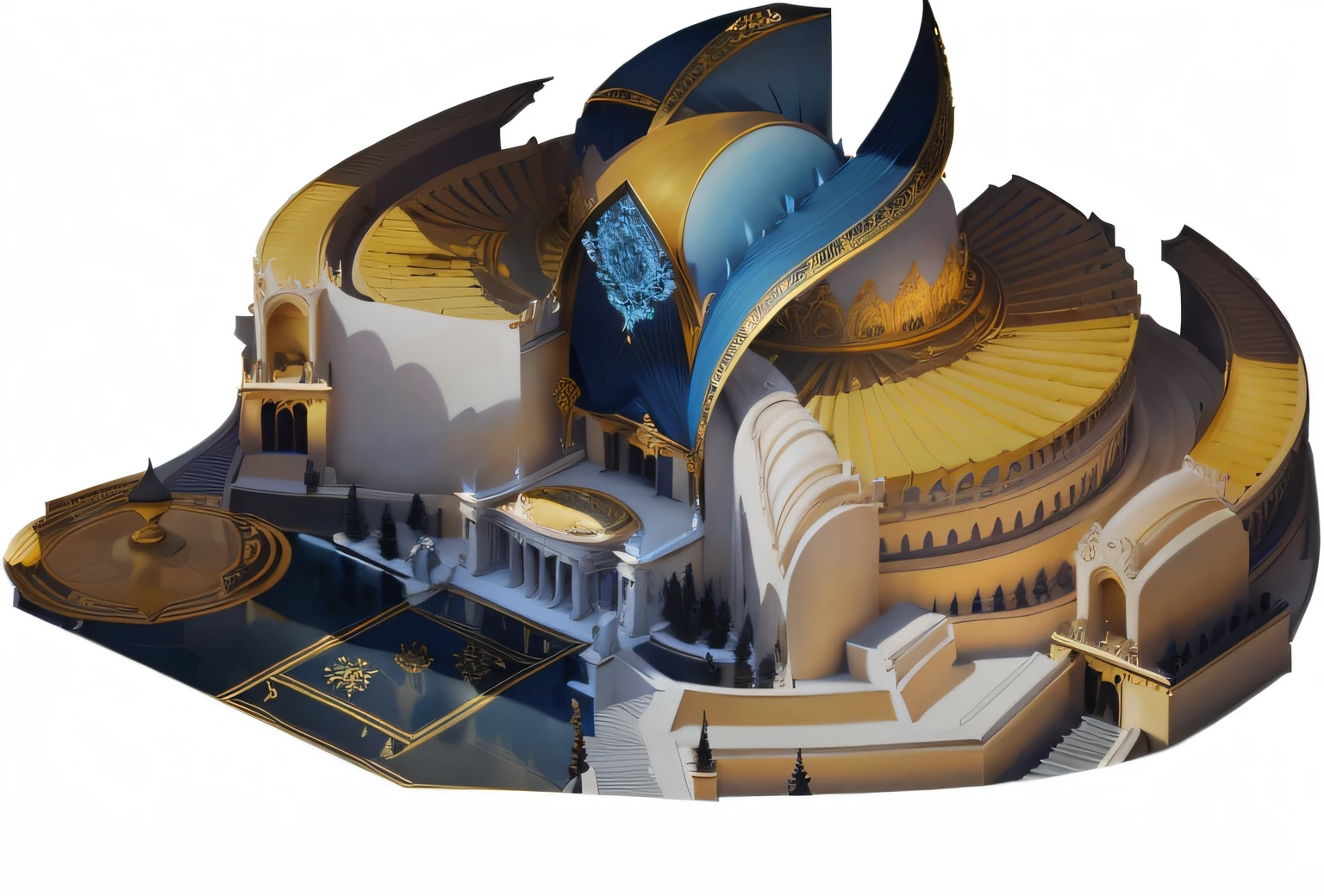 Royal Palace, Gorgeous, Luxury, Palazzo, Best Quality, Mastery of Peace), wide-angle shot, A magnificent hall, dripping Gothic opulence, draped in silk banners with ancient imprints, decorated with sparkling black jewelry, sinister elegance, blue velvet, (perfect composition, best exhibition, golden ratio), pastel colors, drama, trends in artistic stations, trends in CGSociety, symmetrical architecture, bright, soft light