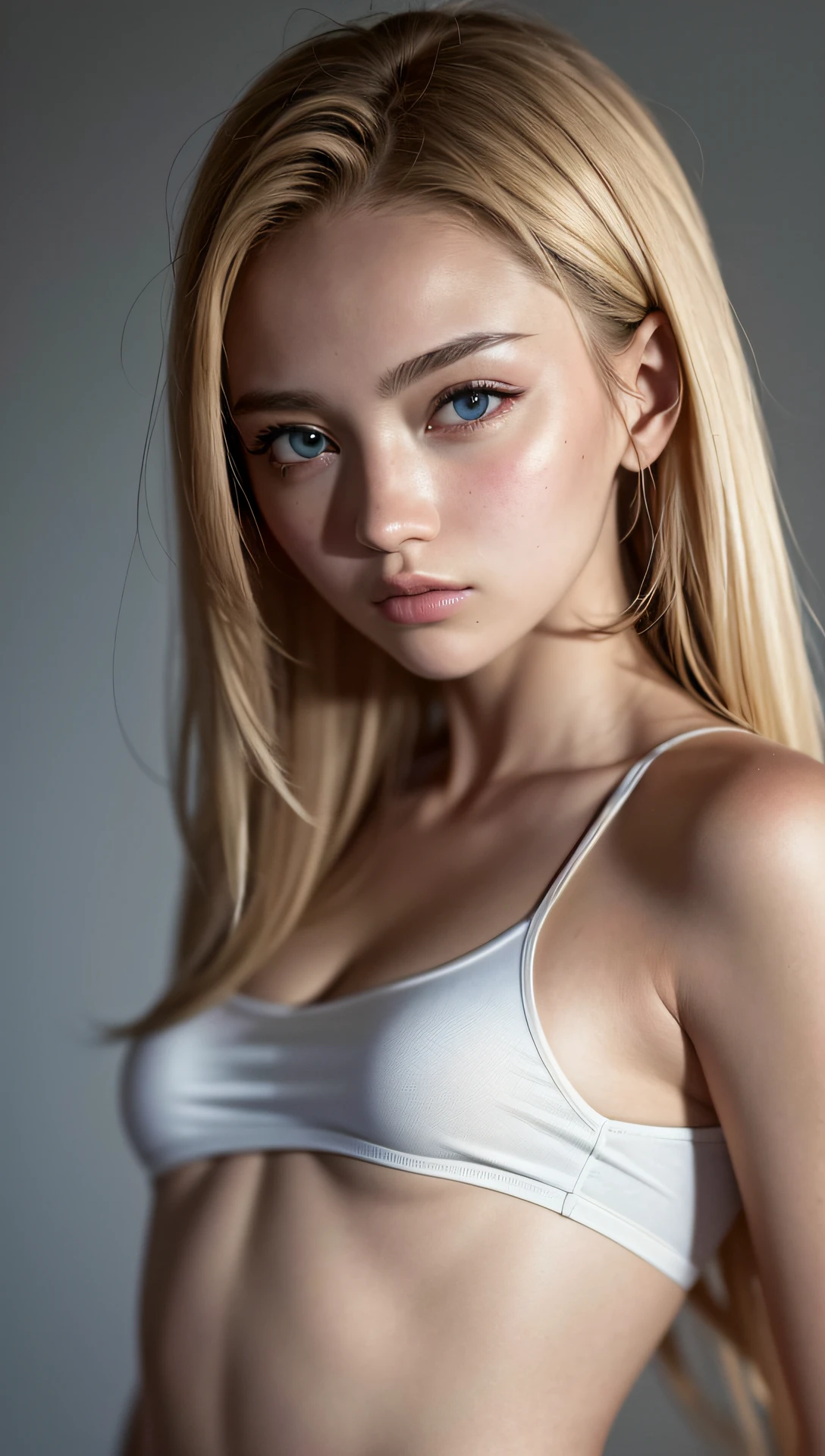 (masterpiece, best quality, 8k, raw photo, absurdres:1.2), blonde hair, no makeup, small face, facelight, tanktop, upper body, breasts focus, smaller waist, pretty girl, teen, looking at viewer, medium breasts, photorealistic, film grain, chromatic aberration, highres, ultra detailed, finely detail, detailed eyes and face and skin, beautiful skin, dynamic lighting, dramatic lighting, sharp pupils, realistic pupils, (simple background, humid:1.3)