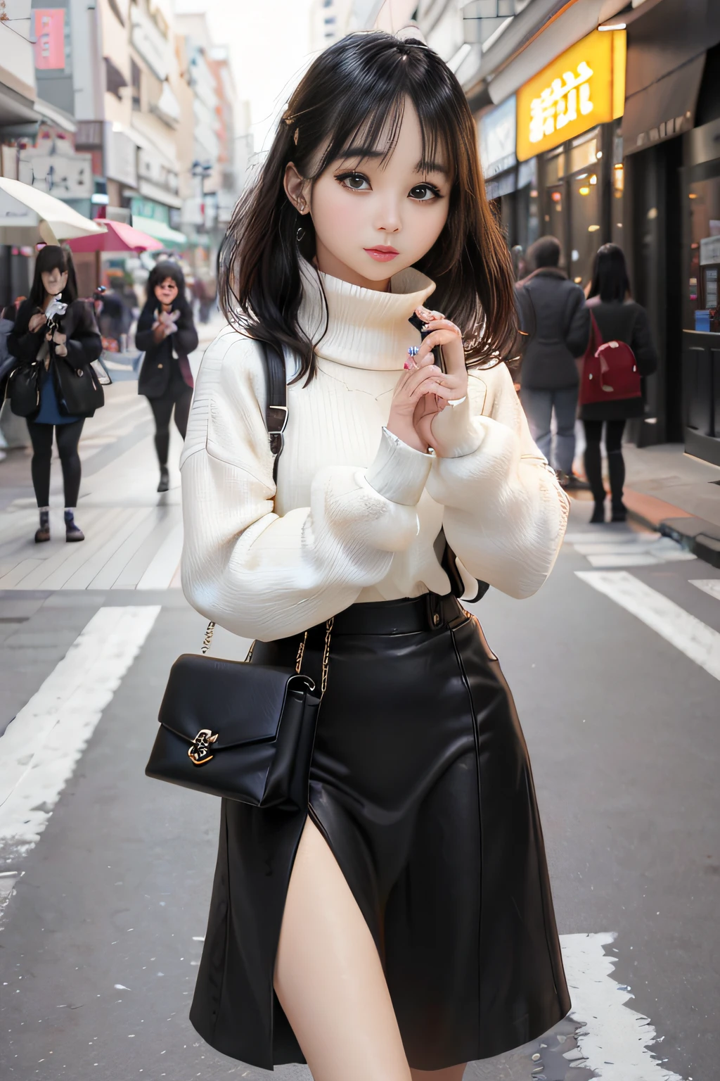 There is a woman who is on the street with a purse, Ulzzang, Korean girl, lovely young Korean face, beautiful young korean, beautiful young korean girl, wearing white sweater, young and beautiful girl, beautiful asian girl, with medium hair, beautiful south korean woman,