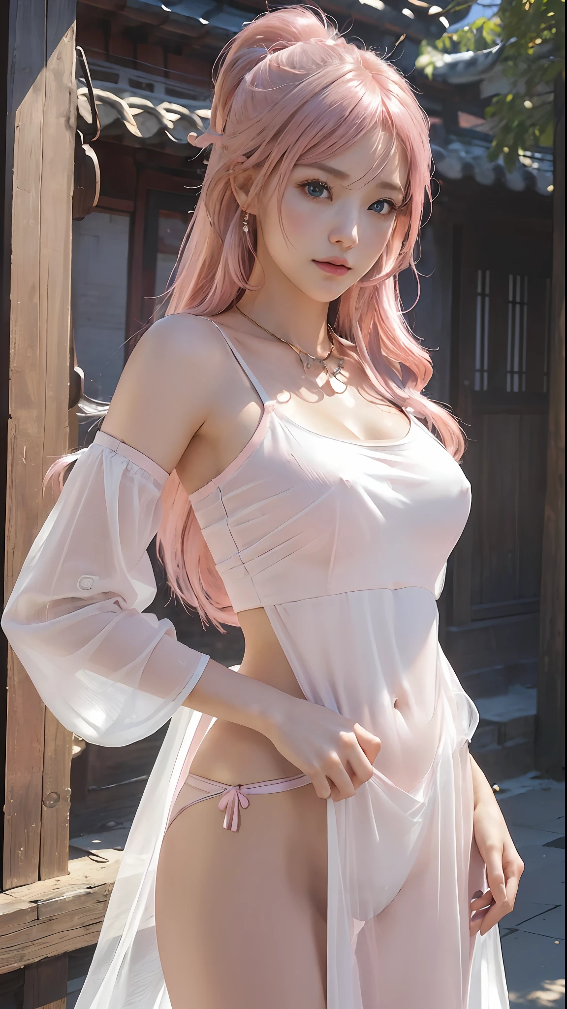 (masterpiece:1.4), (8k, photorealistic, RAW photo, best quality: 1.4), japanese, (1girl), beautiful face, (realistic face:1.4), (pink hair, long hair:1.3), beautiful hairstyle, realistic blue eyes, beautiful detailed eyes, (realistic skin:1.3), beautiful skin, attractive, ultra high res, ultra realistic, highly detailed, golden ratio, (detailed face:1.4), smile, looking at viewer, (realistic medium breasts:1.4), (underboobs:1.3), standing, hand on hip, transparent white dress, see through white dress, (no underwear, no panties, braless:1.4), perky_nipples, nsfw, futuristic ancient china city street, dynamic lighting, ponytail contorted, white chinese traditional dress, hair ornaments, necklace, jewelry,
