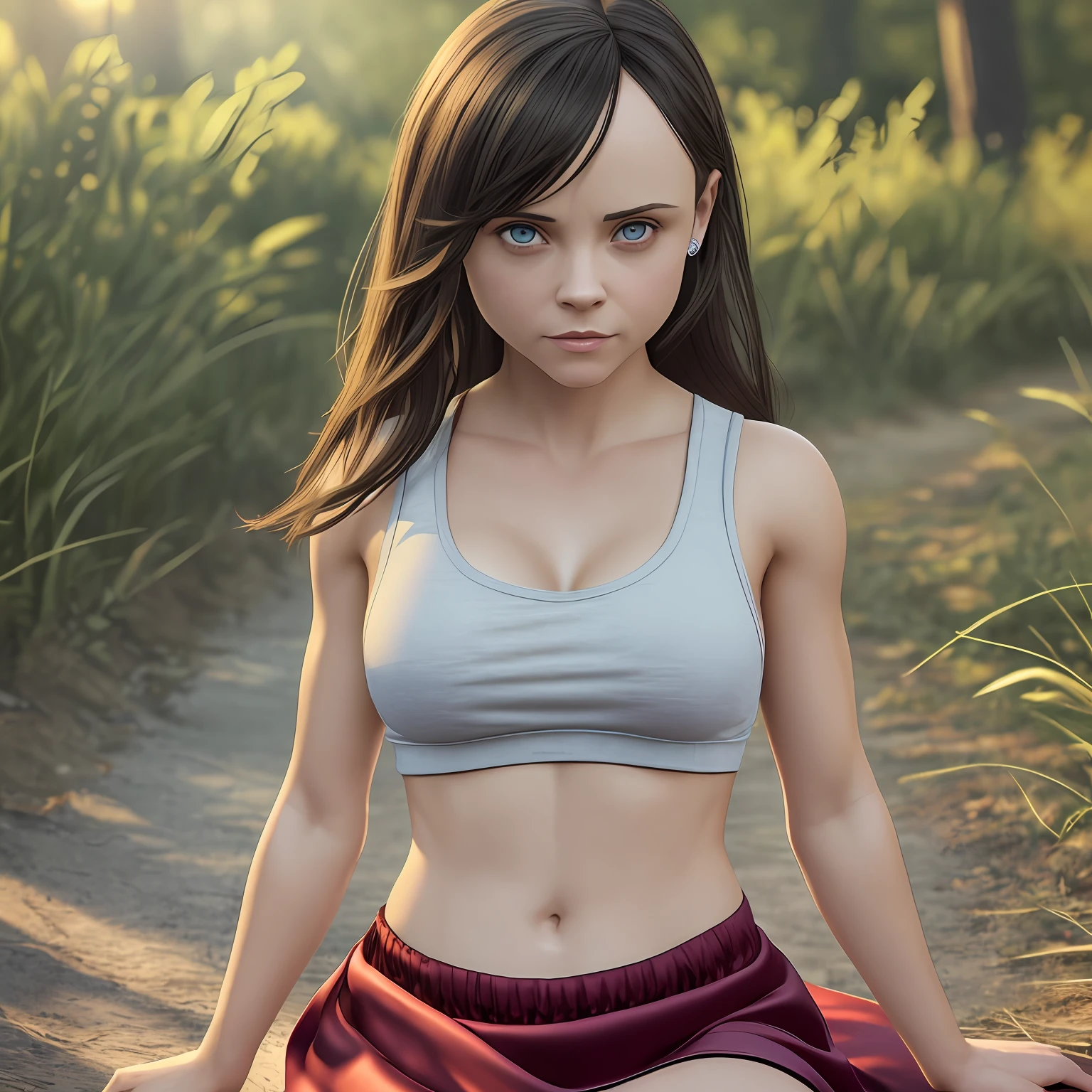 ((Christina Ricci)), (round breasts), tank top, silk skirt, (beautiful eyes), (beautiful mouth), (groin: 1.7), (groin: 1.5), collarbone, belly button, natural light, extremely detailed, 8yk, raw photo, high level of detail, (ray tracing), (masterpiece), (best quality), high resolution, (realistic: 1.4), physically based representation, ultra-realistic, full body --auto --s2