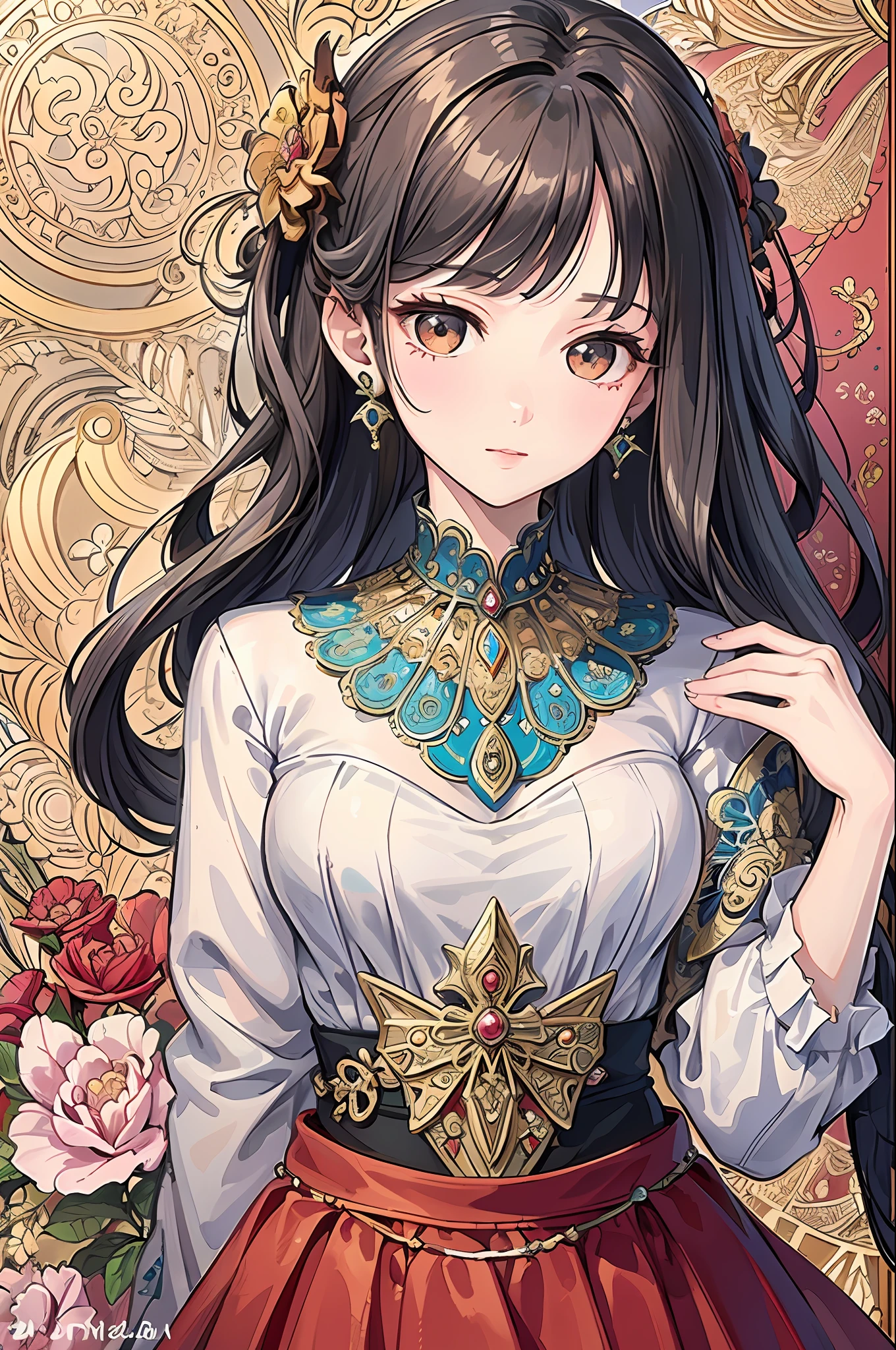 (Masterpiece, Top Quality, Best Quality, Official Art, Beauty and Aesthetics: 1.2), (1girl: 1.3), Very Detailed, (Fractal Art: 1.1), (Color: 1.1), Most Detailed, (Zentangle: 1.2), (Shiny Skin), (Earrings: 1.4), Simple Background, Head Close-up, Conservative Clothes, Autumn Skirt