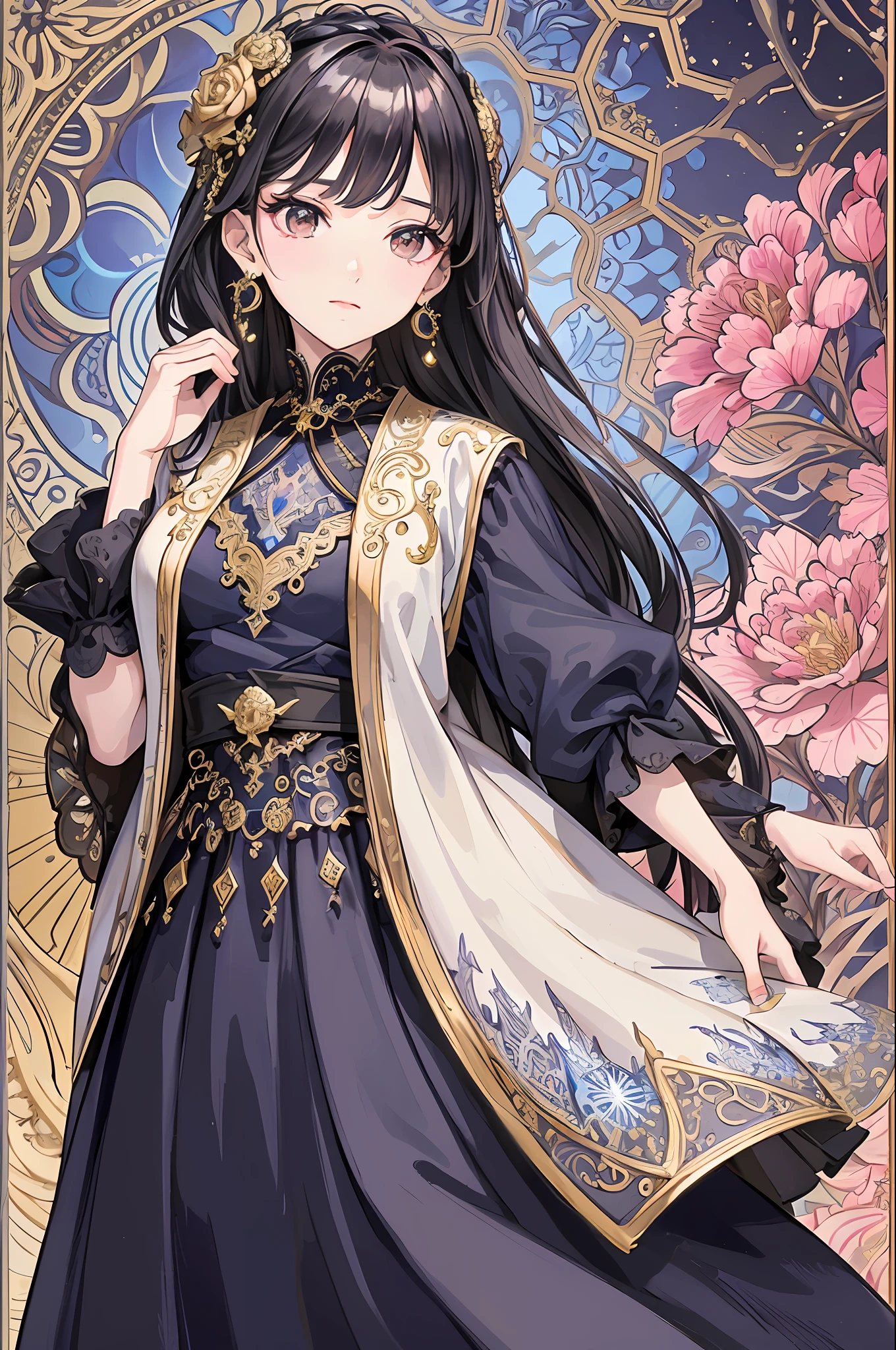 (Masterpiece, Top Quality, Best Quality, Official Art, Beauty and Aesthetics: 1.2), (1girl: 1.3), Very Detailed, (Fractal Art: 1.1), (Color: 1.1), Most Detailed, (Zentangle: 1.2), (Shiny Skin), (Earrings: 1.4), Simple Background, Head Close-up, Conservative Clothes, Autumn Skirt