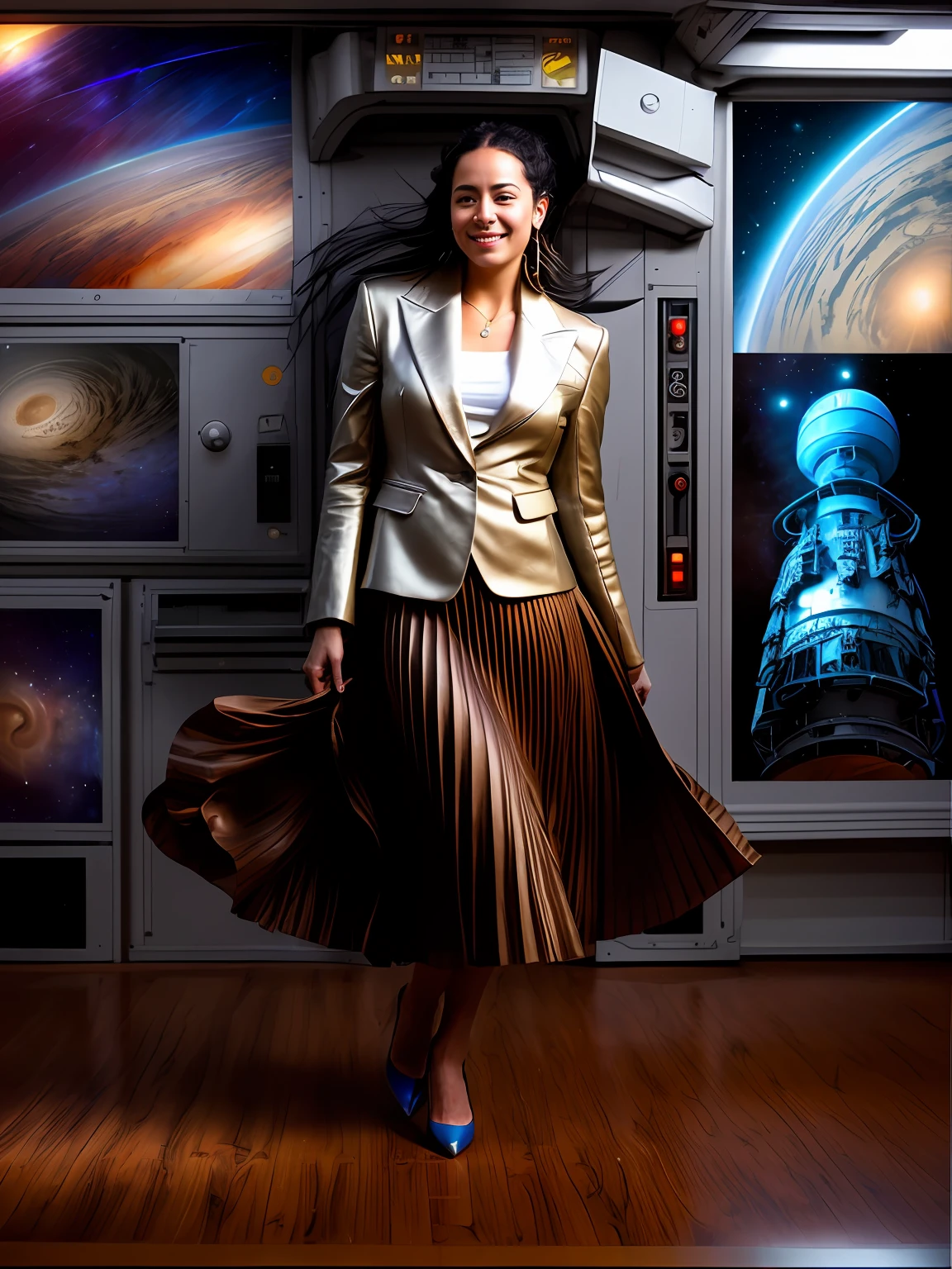 35mm f1.4 Kodak portra 400 photograph, extremely high quality RAW photograph, a woman is playing with her skirt on space station, (shy) authentic (kind and tender) lesbian woman wearing a short blazer with a very very detailed (long (fully pleated) full circle skirt) and (simple) low heeled office shoes, very very intricate hyper-detailed symmetric (attractive graceful young feminine face) with (sad, tired) eyes and a (flirty smile:1.4), full of empathy and compassion and love, (pronounced feminine features:1,3), big boobs, (highly detailed ultra accurate realistic) hands and fingers, ((windy conditions and wind blowing)), epic composition, highly detailed attributes, highly detailed atmosphere, detailed background, intricate, Exquisite details and textures, highly detailed, deep space station secret operations active background