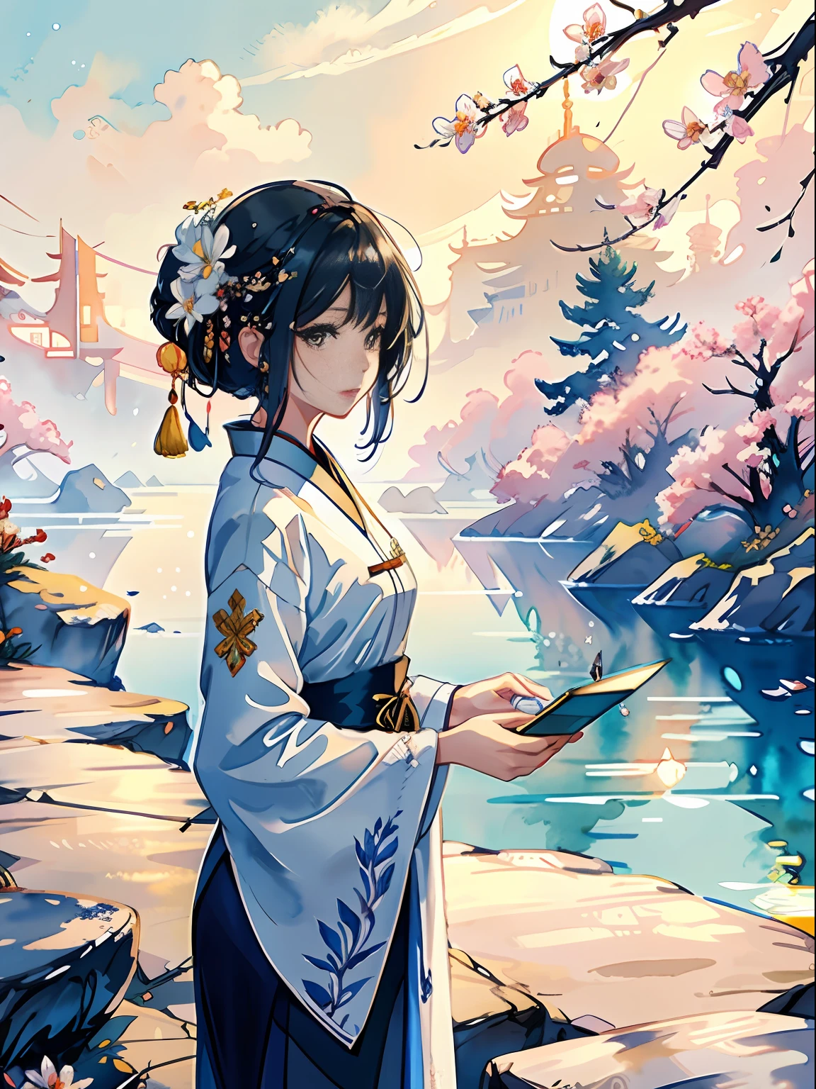 Portrait, Beauty Avatar, (Watercolor, Color Watercolor), (Illustration: 1.1), (Best Quality), (Masterpiece: 1.1), (Very Detailed CG Unity 8k Wallpaper: 1.1), (Color: 0.9), (Panorama: 1.4), (Full Body: 1.05), (Single: 1.2), (Splash Ink), (Splash Color), ((Watercolor)), Clear and Sharp, {1girl Standing}, ((Chinese Style)), Flower Background, Outdoor, Rocks, Leaves, Petals, Looking at the Viewer, Make happy expressions, soft smiles, pure, beautiful detailed face and eyes, beautiful complex clothing pattern details, black hair, black eyes, (delicate depiction of face, clear face), (delicate depiction of facial features), delicate depiction of hair, (delicate depiction of eyes), meticulous depiction of fingers, perfect body curves, ultra-clear resolution, 8k wallpaper, HD, more details, high quality, highly detailed, rich details, high score efficiency