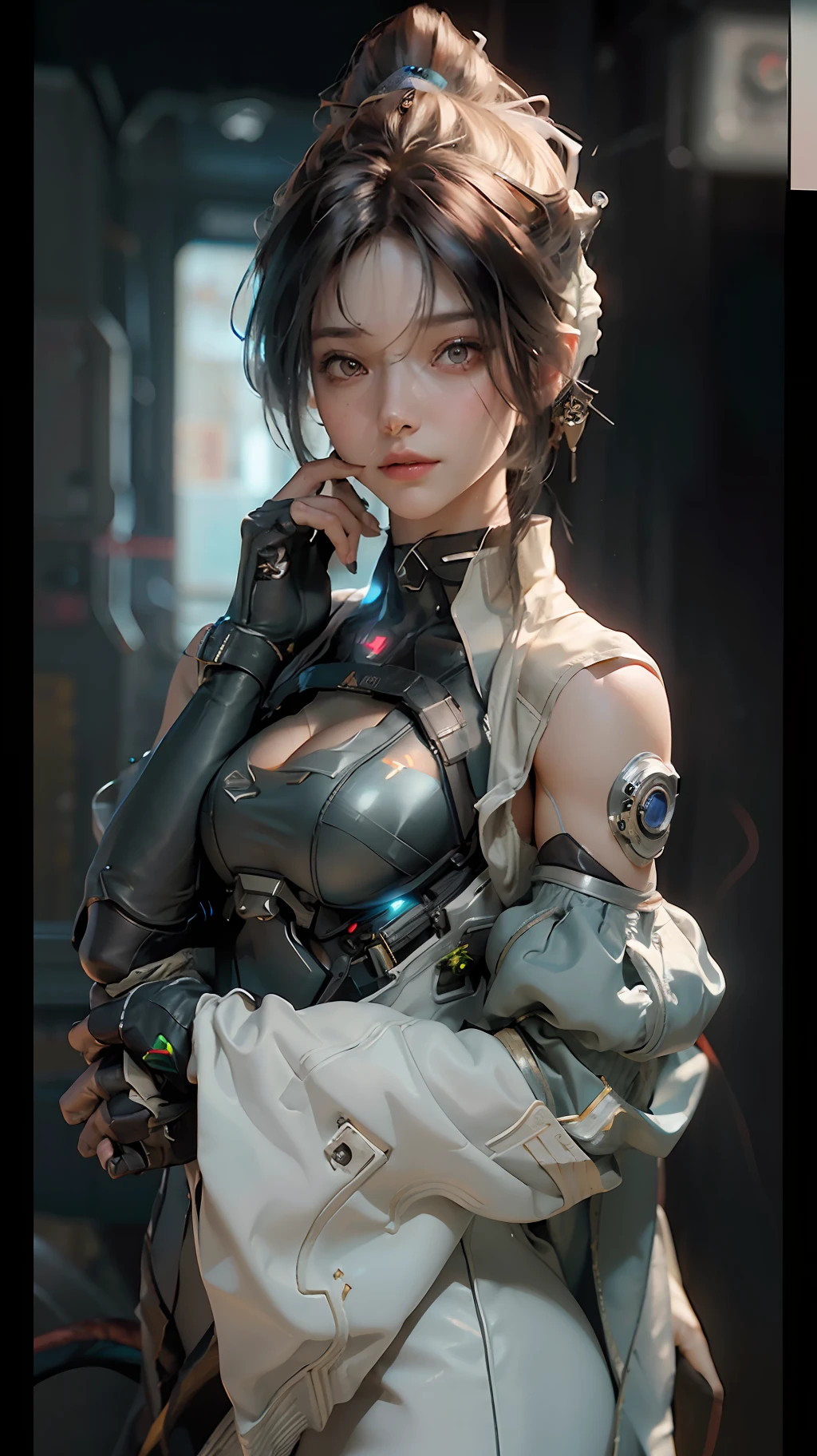 ((Best quality)), ((masterpiece)), (detailed:1.4), 3D, an image of a beautiful cyberpunk female,HDR (High Dynamic Range),Ray Tracing,NVIDIA RTX,Super-Resolution,Unreal 5,Subsurface scattering,PBR Texturing,Post-processing,Anisotropic Filtering,Depth-of-field,Maximum clarity and sharpness,Multi-layered textures,Albedo and Specular maps,Surface shading,Accurate simulation of light-material interaction,Perfect proportions,Octane Render,Two-tone lighting,Wide aperture,Low ISO,White balance,Rule of thirds,8K RAW,