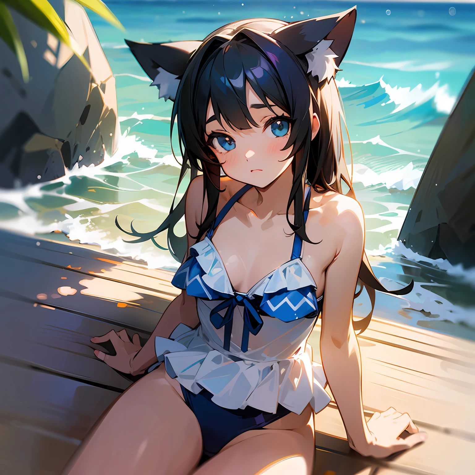 Girly, swimsuit, sitting, beach sea, animal ears, cute, delicate face, sunshine, two-dimensional, anime --auto --s2