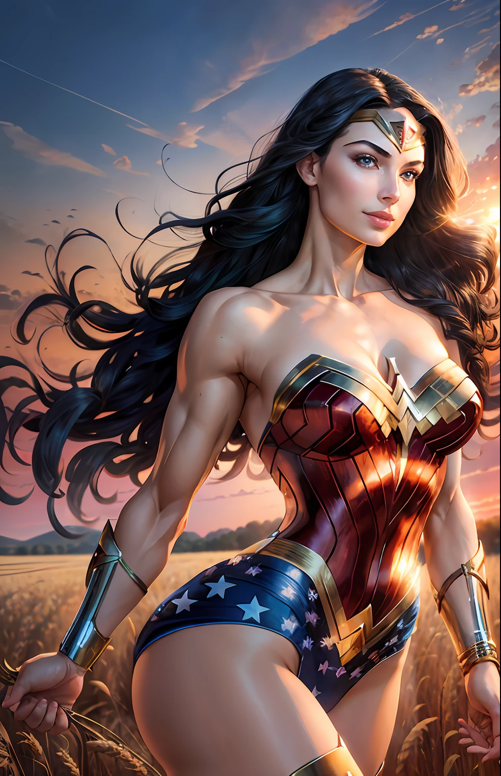 (Masterpiece), (Top Quality), (Realistic:1.4),(Realistic:1.3), 1Woman, Wonder Woman, (Intricate Details, Makeup), (Delicate and Beautiful Delicate Face, Delicate and Beautiful Delicate Eyes, Face with Perfect Proportions), (Realistically Moist Skin: 1.0), Delicate Skin, Strong and Realistic Blue Eyes, Realistic Black Hair, Lips, Makeup, Natural Skin Texture, Tiara, Jewelry, Star \(Symbol\), Leotard, Bulletproof Gauntlets, Red Boots, Golden Girdle, (Public Clothing: 1.5), Exposed Shoulders, Slightly sunburned, mature, sexy, elastic muscles, (muscles:1.2), ((strong and healthy body)), (more)muscles))), long legs, curves, (big breasts: 1.3), thin waist, soft waist, (delicate skin), (beautiful and sexy woman), (swollen lips: 0.9), very delicate muscles, thick eyelashes, long eyelashes, (curly black hair: 1.1), (mutilation), feminine, detailed body, (detailed face: 1.1), (outlined iris), (search lens), (perfect eyes), tall body, profile pose, outward, head:1.3, ((Hasselblad photo)), soft lighting, dynamic angle, cinematic lighting, masterpiece, smile, detailed face, (RAW photo, top quality), toned body, firm, perfect breasts , instagram trends, tumblr trends, vibrant, film stills, gorgeous, high and long field of wheat, sun setting on the horizon of the field,