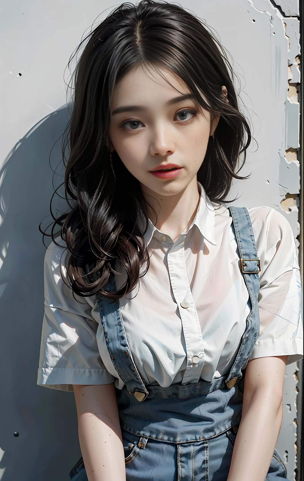 (Masterpiece: 1.4), (Best Quality: 1.4), Super High Resolution, (Detailed Facial Features)), HDR, 8k Resolution, 1 Girl, Blue Sky, Waby Mouth / : 3, (Shiny), Sadako, Street, White Short Sleeve Shirt, Earrings, Short Jeans, Moist Skin, Shiny Skin,
, white suspenders, leaning against the wall, looking at the audience, skin tight, focused alone, naughty face,