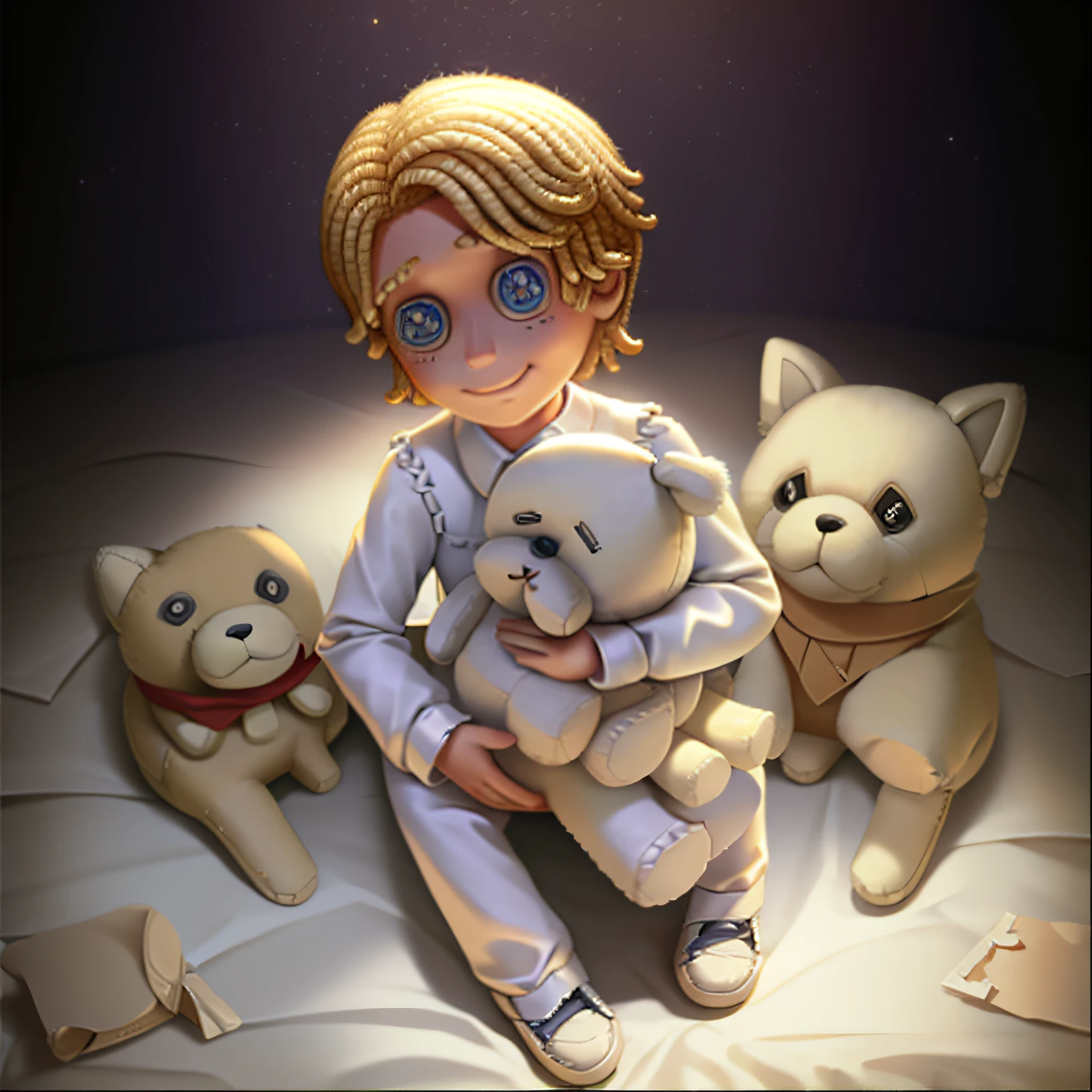 masterpiece, high quality, little boy, white clothes, holding stuffed animal, blonde, facing forward, looking at camera, full body, center of the screen, (smile: 0.7)