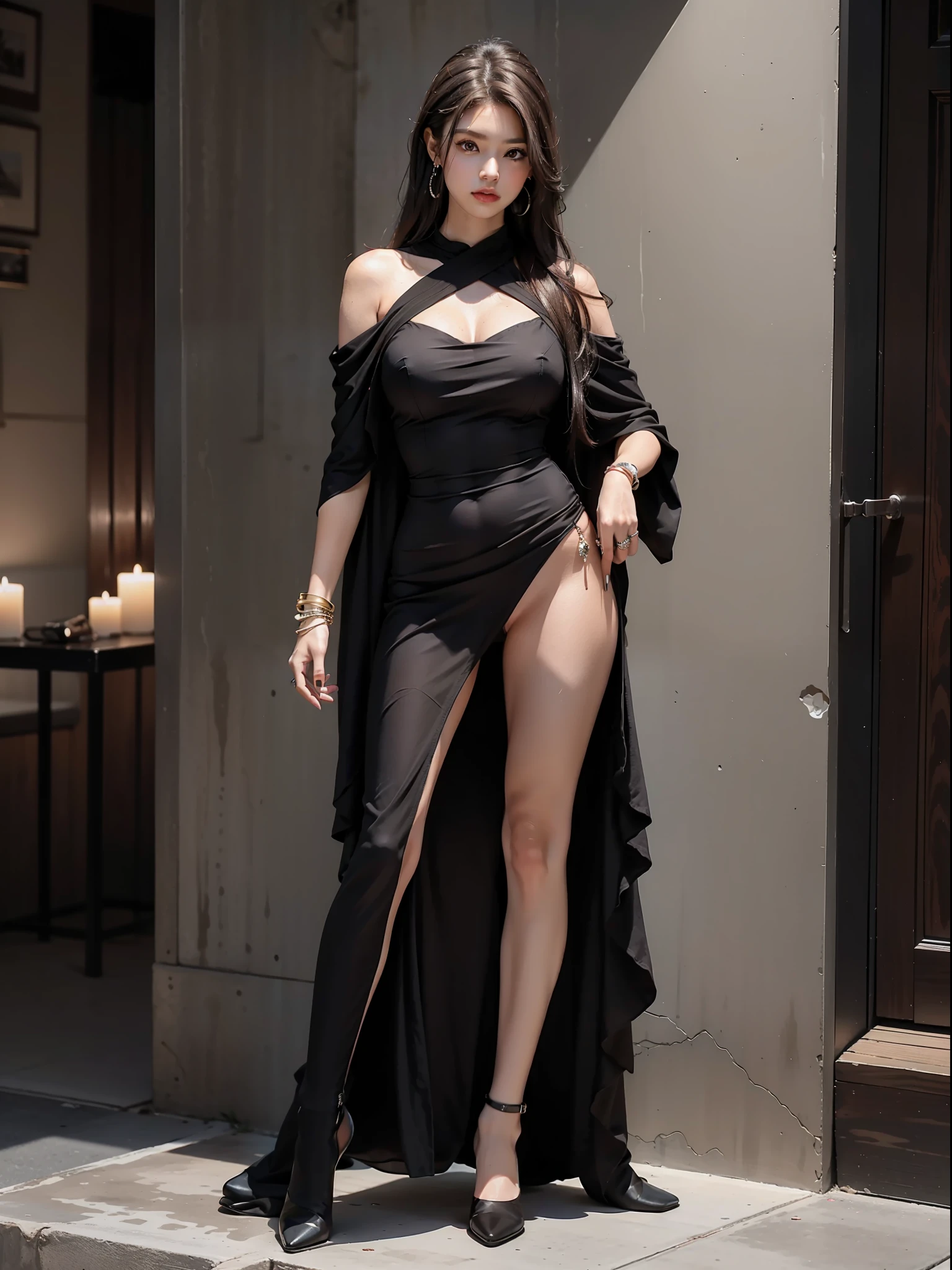 (Female: 1.2), (slim figure), (5 thumbs), (Big breasts: 1.2), (dark brown hair color), (brown eyes), (Long hair mullet head), (Black cool dress), (Shawl), (Ring finger diamond ring), (Mid-heeled shoes), (Bracelet), Masterpiece, Realism