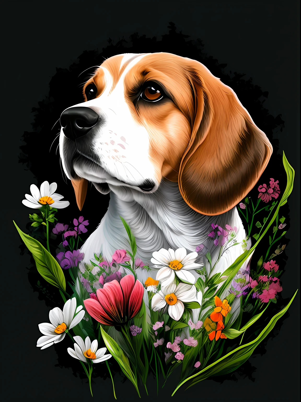 a painting of a dog with flowers on a black background, cute beagle, painting of cute dog, digital art. highly detailed, digital art highly detailed, full color digital illustration, ultra detailed color art, digital painting highly detailed, digital art highly-detailed, stunning artwork, highly detailed digital artwork, detailed digital artwork, highly detailed vector art, high detailed art