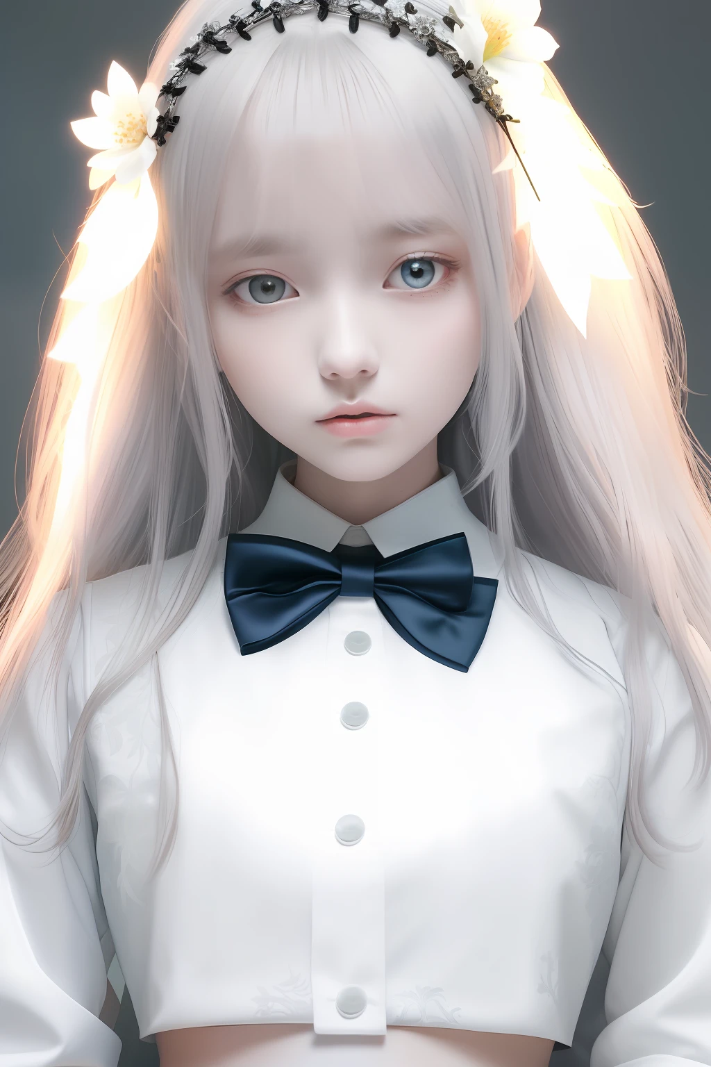 masterpiece,best quality, illustration,{beautiful detailed girl in white nurse uniform},expressionless,palace,azure hair,disheveled hair,long bangs,hairs between eyes,(whitegrey dress:1.1),black ribbon,white bowties,midriff,big forhead,blank stare,flower,long sleeves,beautiful detailed glow,detailed lighting,(beautiful detailed eyes:1.1)