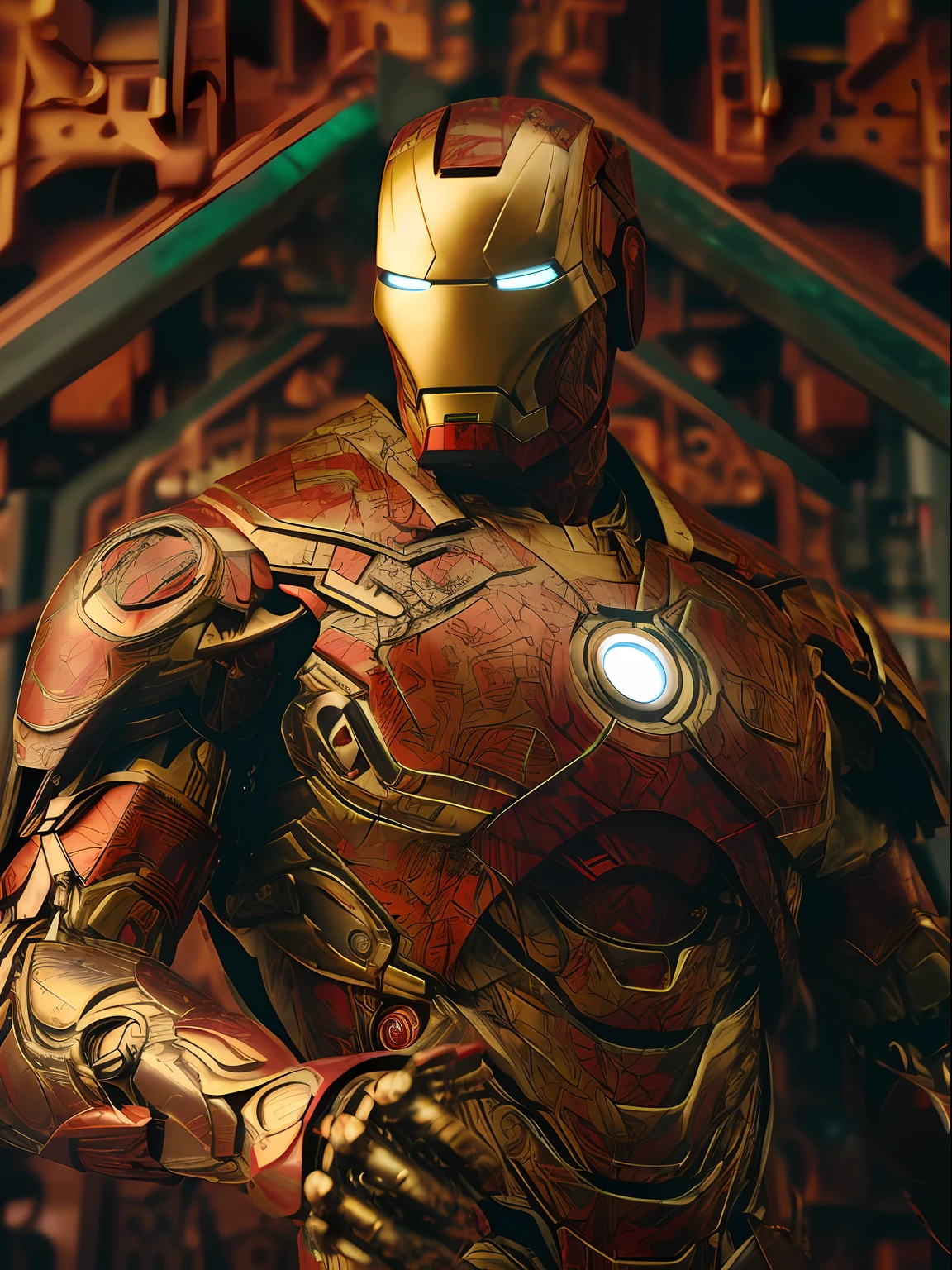 a close up of a statue of a man in a suit, battle damaged iron man suit, mkbhd as iron man, steampunk iron man, hq 4k wallpaper, portrait of iron man, intricate golden armor, intricate etched armor, iron man, 4k masterpiece, 4 k masterpiece, intricate bronze armour, ironman, intricate metal armor, rendered in 4 k