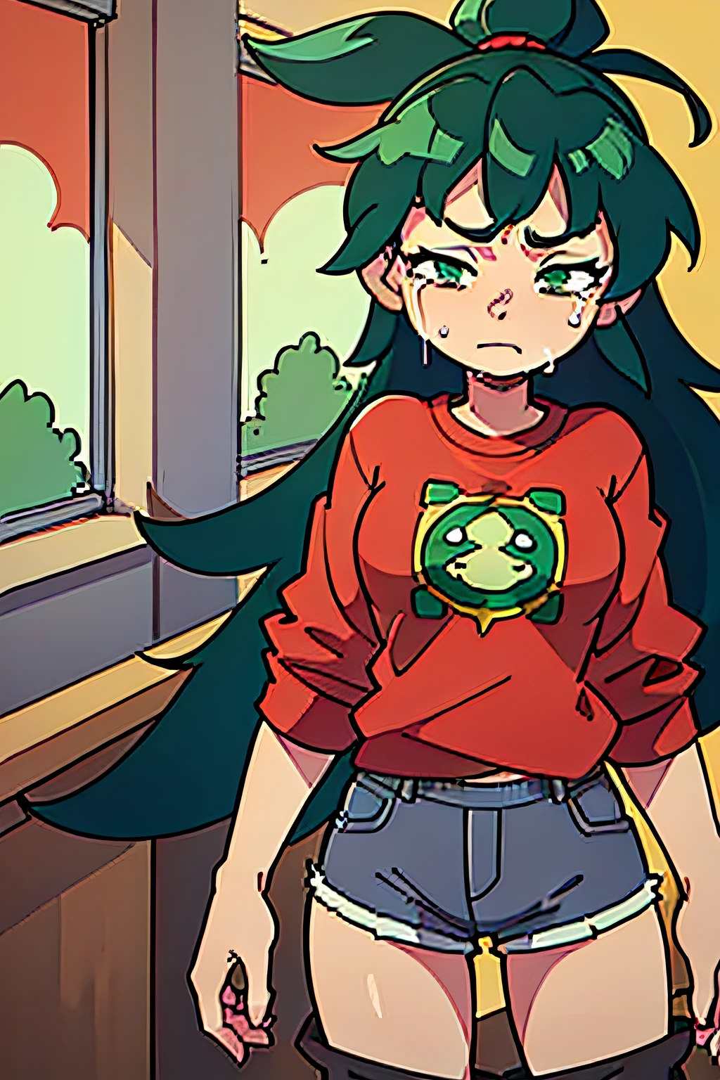 masterpiece, high quality, (anime), best quality, 1girl, very detailed eyes and face, loose red shirt, dynamic light, face only, ponytail hair, (background: classroom), (((green eyes))), dark hair, ((((red shirt)))), ((yellow logo)), denim shorts, aquamarine shorts, ((sad)), black hair, yellow bun, standing, ((long short))), (gray tights), dark black hair, flat chest,  ( years), small figure, small thighs, (G logo), large size shirt, thin body, ponytail hair, ((dynamic background)), dark greenish hair, near view, ((eyes closed)), ((look down)), (2 close eyes), ((closed eyes)), ((crying))