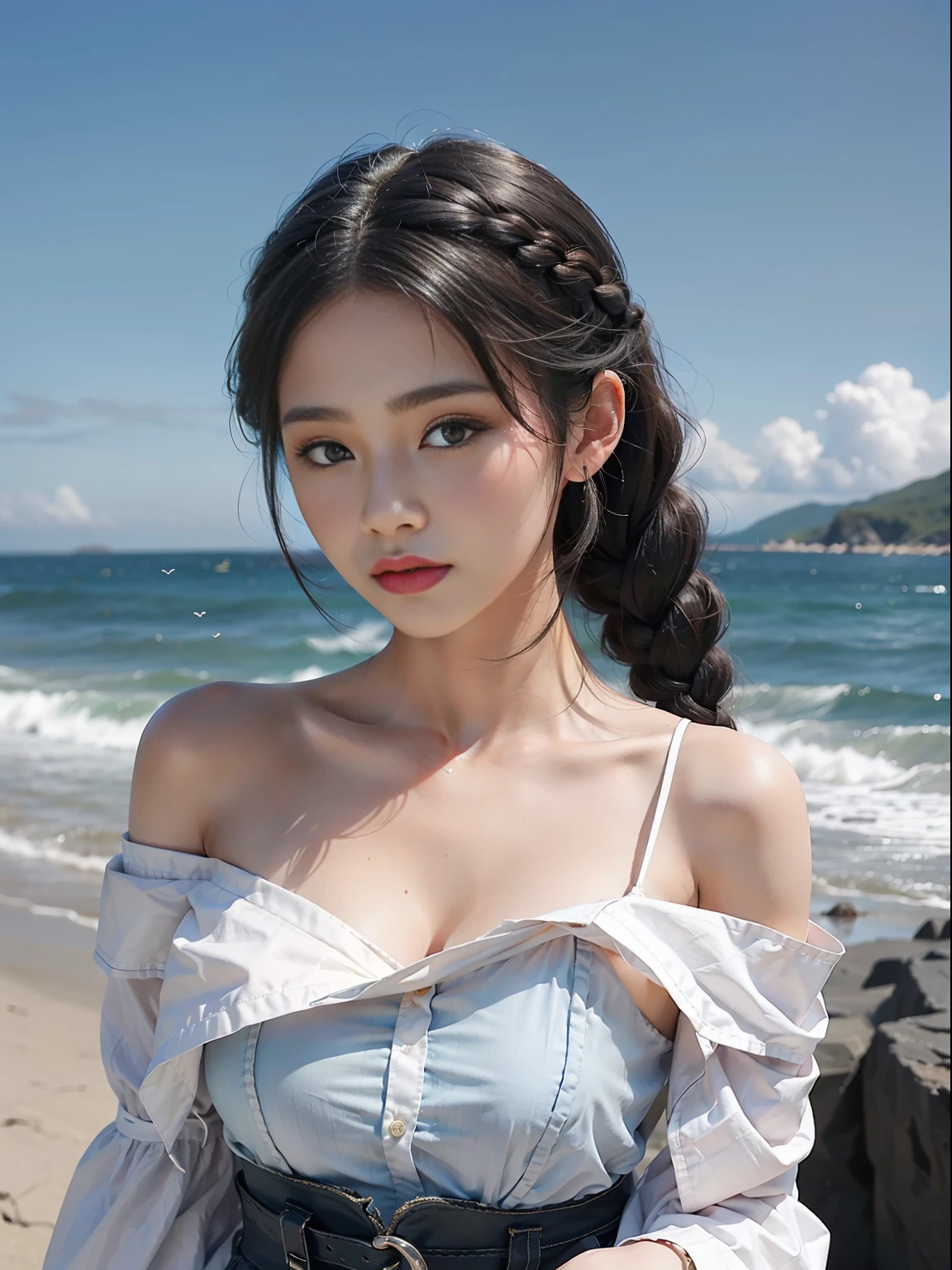 1 girl, 20 years old, perfect facial features, best quality, masterpiece, realistic, off-the-shoulder outfit, black hair tied into loose braids, coast, sky