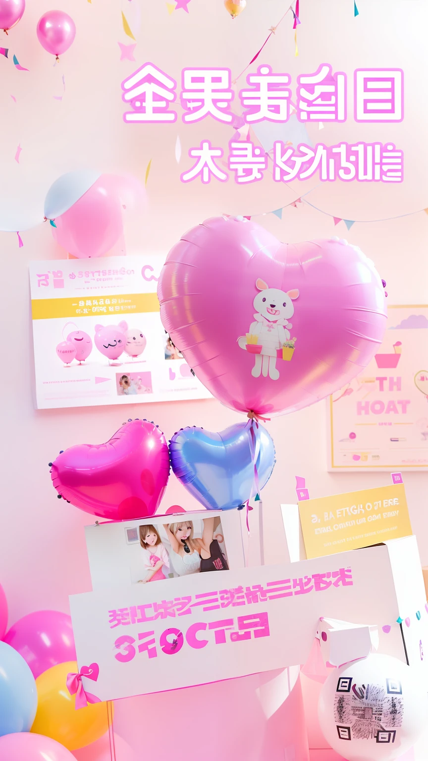 There is a poster with a picture of a balloon and a gift box, (pink), no text, gift box open, balloon floating, promotion, advertising picture, happy !!!, 360*, cute! c4D, Digital Art!!, Trend cgstation, event, Wang Chen, cheerful atmosphere, 🤬 🤮 💕 🎀 poster