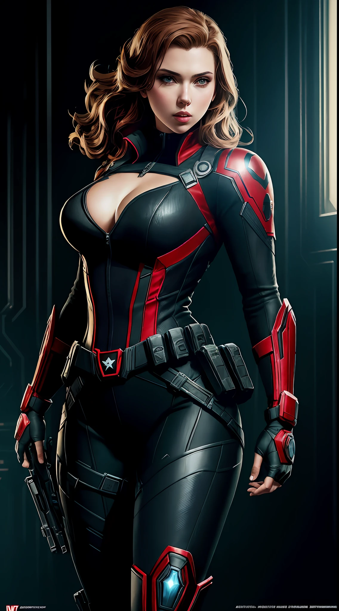 Scarlett Johansson as a black widow from the Marvel universe, super detailed, super detailed black widow costume, high-quality face study, full body, super quality for competition, ((black widow costume, superheroine)), (superhero pose: 1.1), (perfect body: 1.1), (short wavy hair: 1.2), whole body, casual pose, beautiful pose, (extremely detailed CG 8k wallpaper), (extremely delicate and beautiful), (masterpiece), (best quality:  1.0), (Ultra High Resolution: 1.0), Beautiful Lighting, Perfect Lighting, Realistic Shadows, [High Resolution], Detailed Skin, Super Detailed (((Colorful))), Digital Art, Metal Gear Solid Concept Art, Full Body Concept Art, Expert Concept Art with High Detail, Concept Art Such as Ernest Halimov, FPS Game Concept Art, Concept Art, Craig Mullins Style, Video Game Concept Art, 8K, Character Card, Character Presentation, Weapons & Gadgets in  individual slots