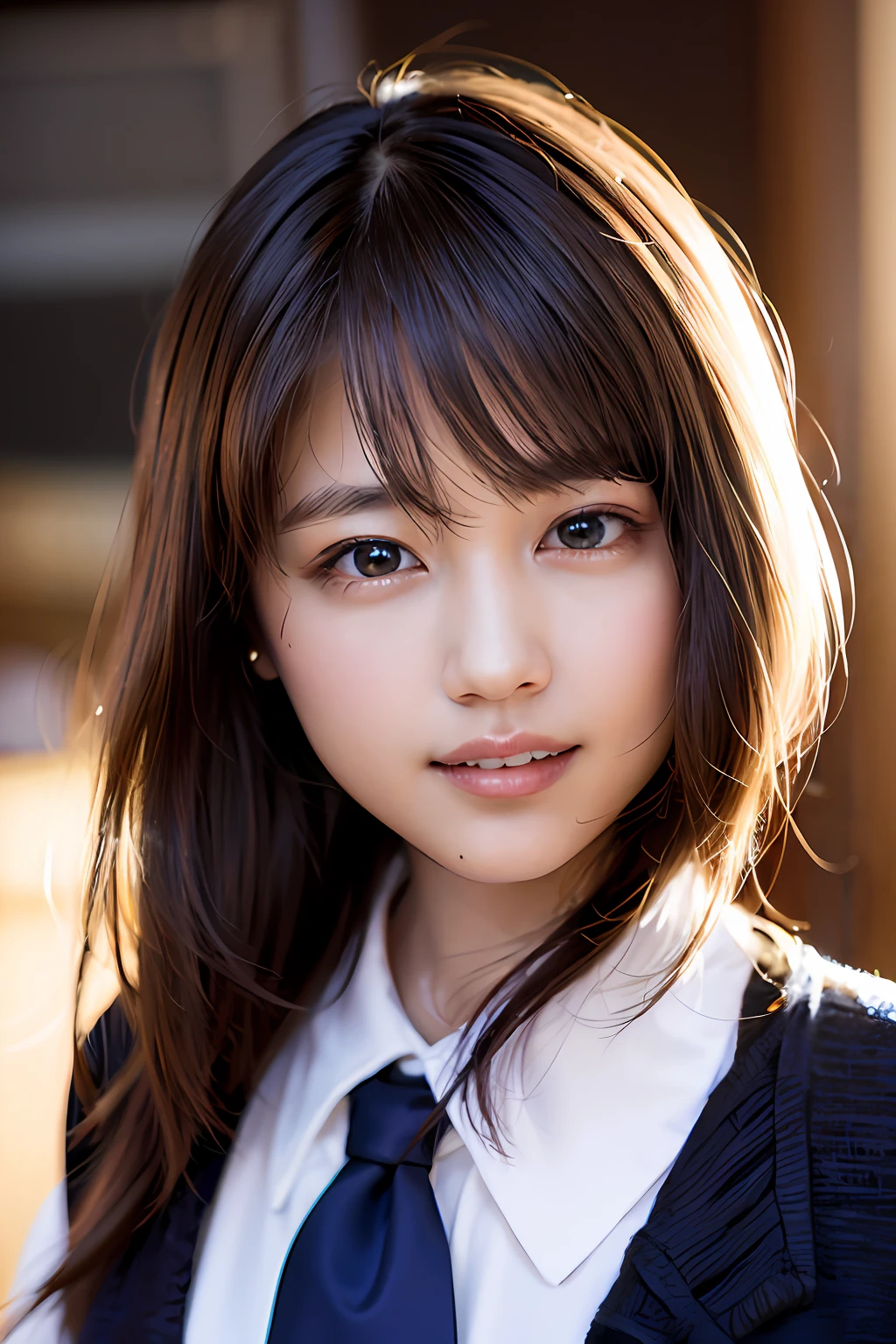 (8k, RAW photo, top quality, masterpiece: 1.2), (realistic, photorealistic: 1.37), super detail, ultra high resolution, one girl, beholder, beautiful detailed face, smile, constriction, (slim waist): 1.3), uniform, beautiful detailed skin, skin texture, floating hair, professional lighting,