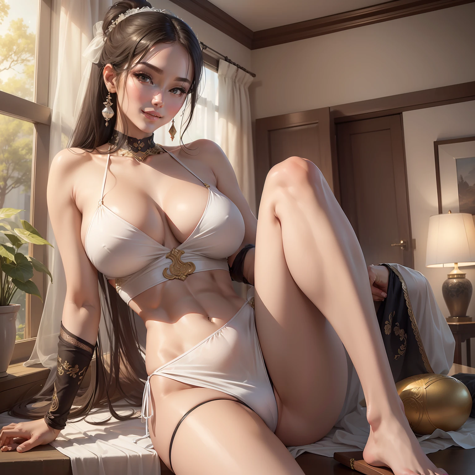 (seductive, charming, seductive, tall and thin beautiful goddess,), evening hotel windows (original photo, realistic: 1.8) (beautiful detailed girl, extremely detailed eyes and face: 1.2) (best quality, masterpiece, illustration, extremely refined and beautiful, extremely detailed, CG, unity, 8k wallpaper, amazing, fine details, best quality, oriental art: 1.3) slip dress, forked legs, big breasts, smile, swimsuit, crop top, panties, abs, arafed woman ponytail and camisole stick, slippers , beautiful and delicate face, white skin, real skin, (detail face), goose egg face, pores, super high resolution, 8k, --auto --s2