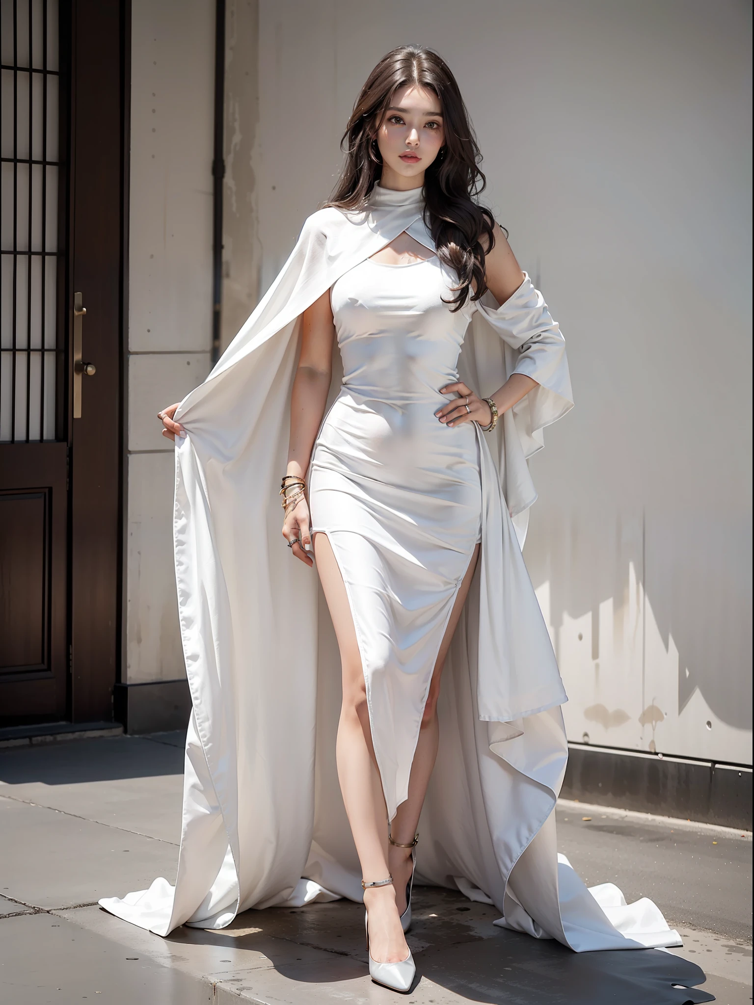 (Female: 1.2), (slim figure), (5 thumbs), (Big breasts: 1.2), (Dark brown hair color), (Brown eyes), (Long hair mullet head), (White cool dress), (Shawl), (Ring finger diamond ring), (Mid-heeled shoes), (Bracelet), Masterpiece, Realism
