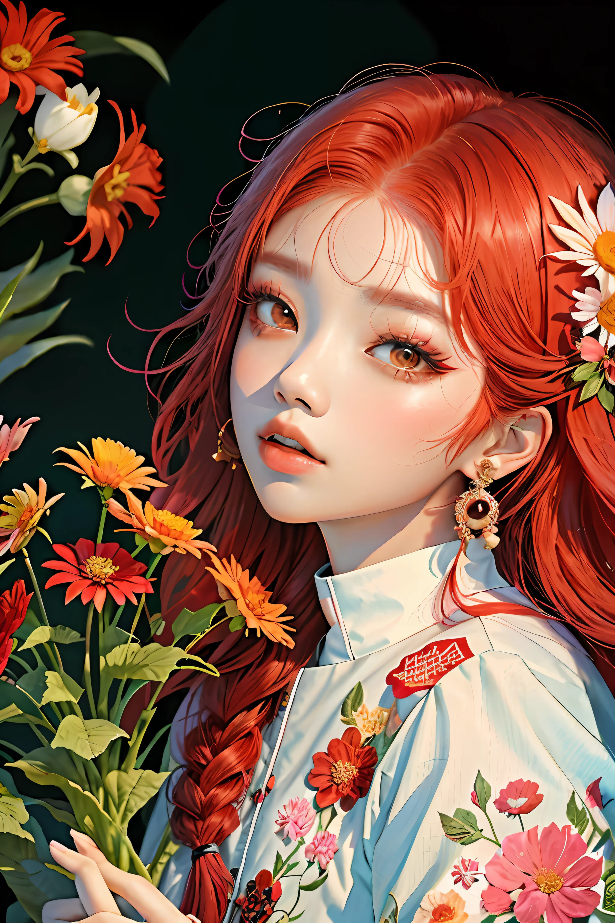 there is a woman with red hair and a flower in her hair, popular south korean makeup, ulzzang, popular korean makeup, jinyoung shin, kim doyoung, portrait of jossi of blackpink, sun yunjoo, heonhwa choe, sakimichan, lee ji-eun, lee ji - eun, jossi of blackpink, jaeyeon nam