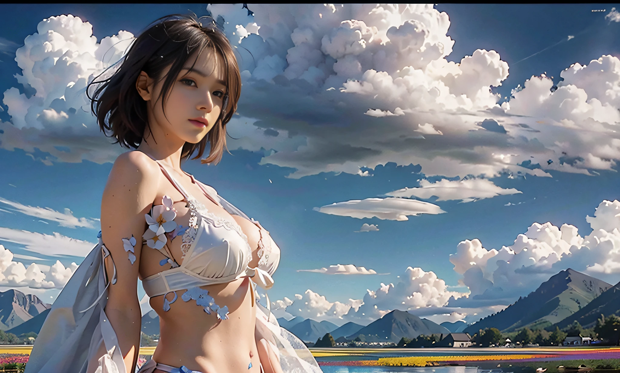 1 girl, dynamic angle, clouds and mountains, (flower field: 1.4) in foreground, light tracing, (floating colorful wind: 1), (reality: 1.4), official art, Unity 8k wallpaper, ultra detailed, beautiful beauty, masterpiece, best quality, glowing skin, cinematic lighting, light smile, eye level shooting, wide angle, panorama, first-person view, bust map, Verism, En plein air, surreal, white less cloth transparent lace bikini, huge breasts, buttocks plump.